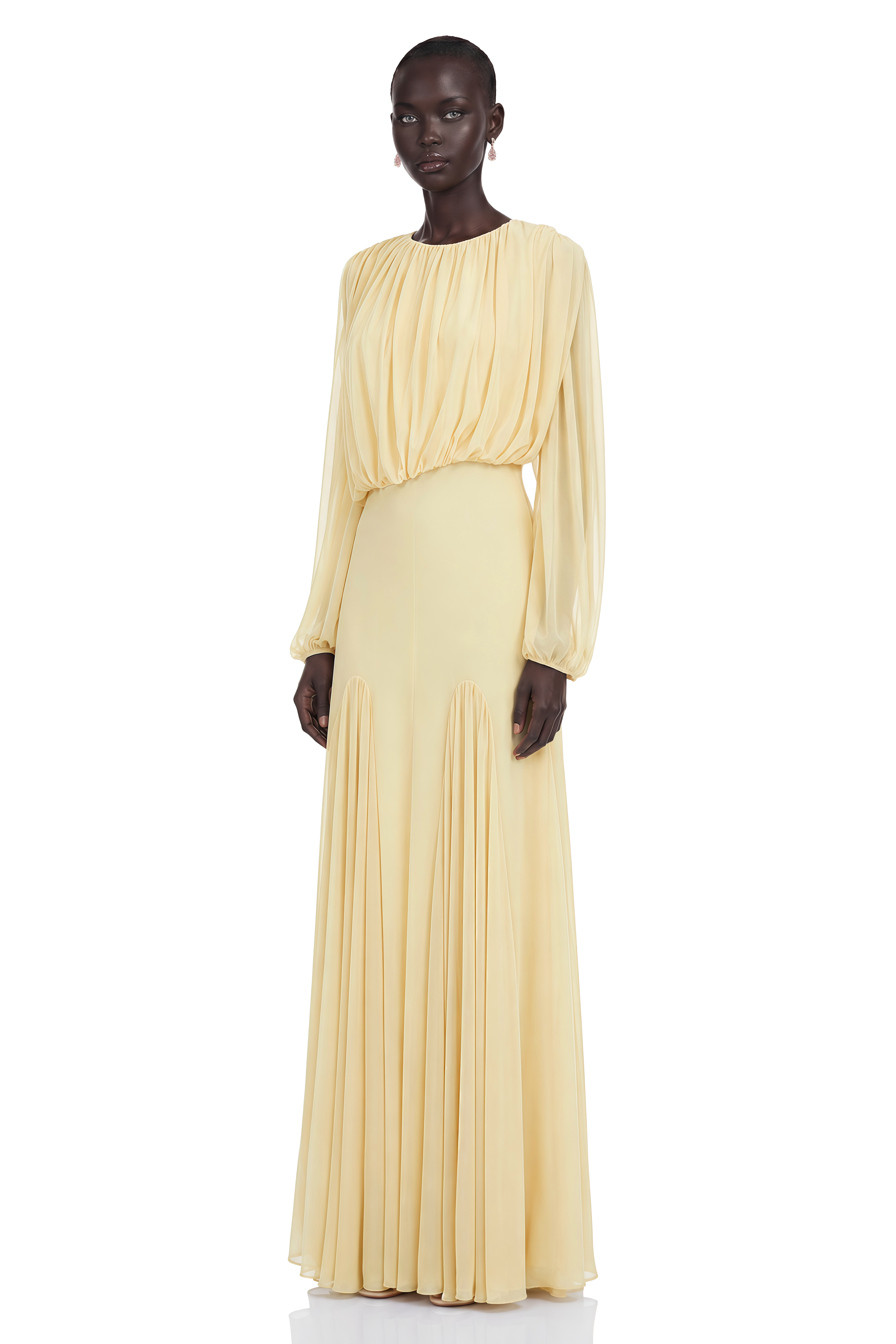 Annabelle Yellow Lantern Sleeve Pleated Maxi Dress