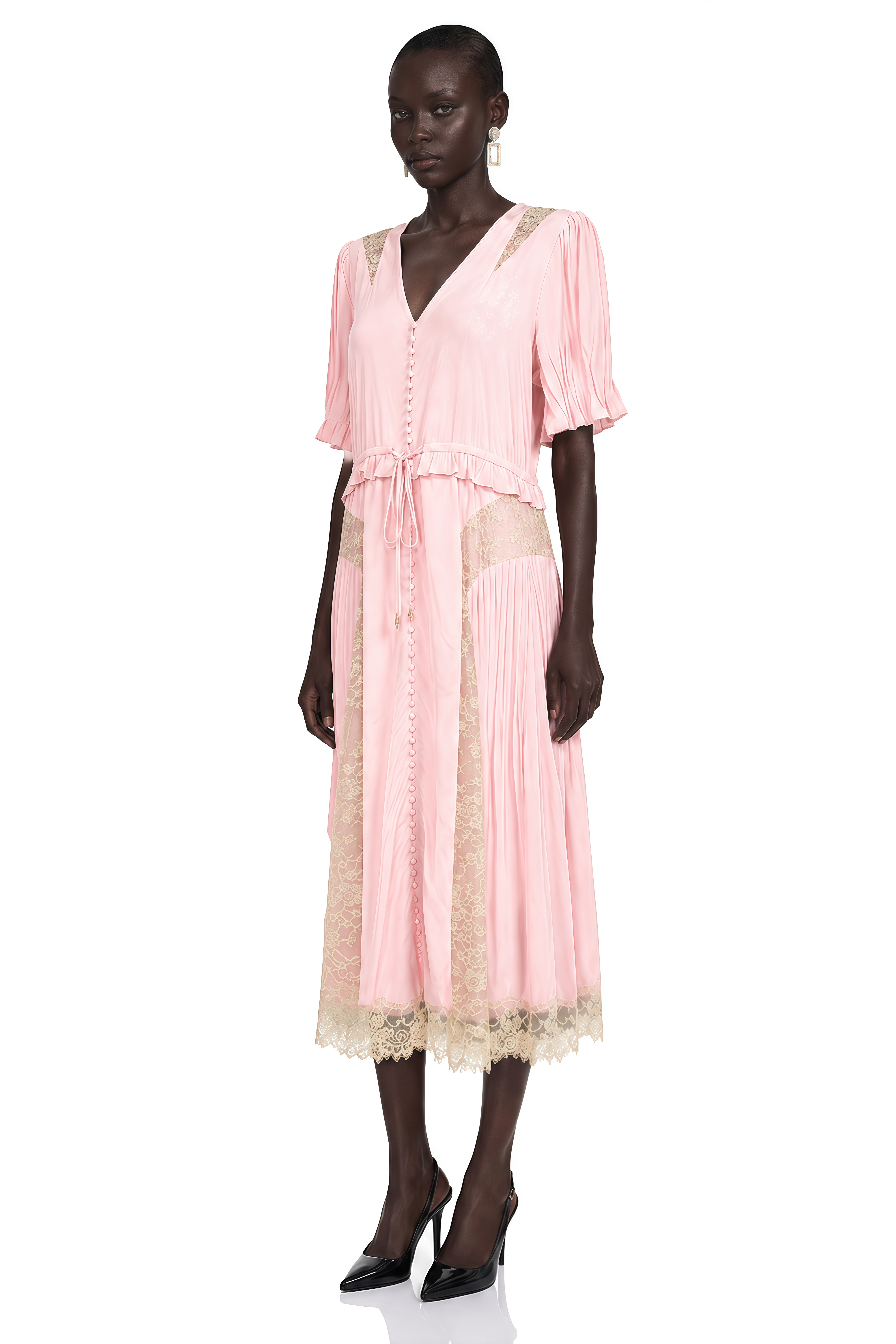 Annabeth Pink V-Neck Midi Dress with Lace Panels