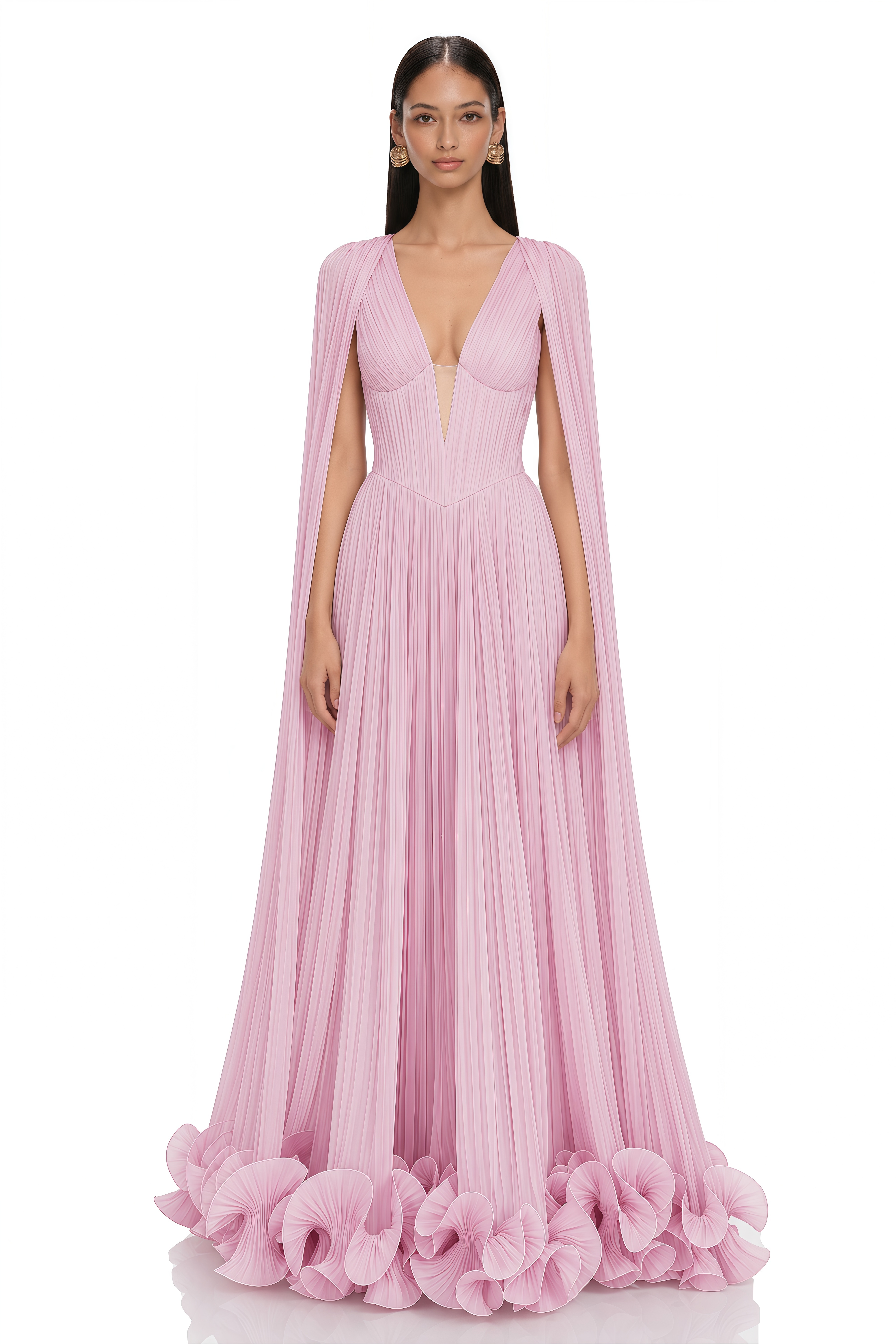 Anneliese Pink Pleated Cape Sleeve Ruffle Maxi Dress