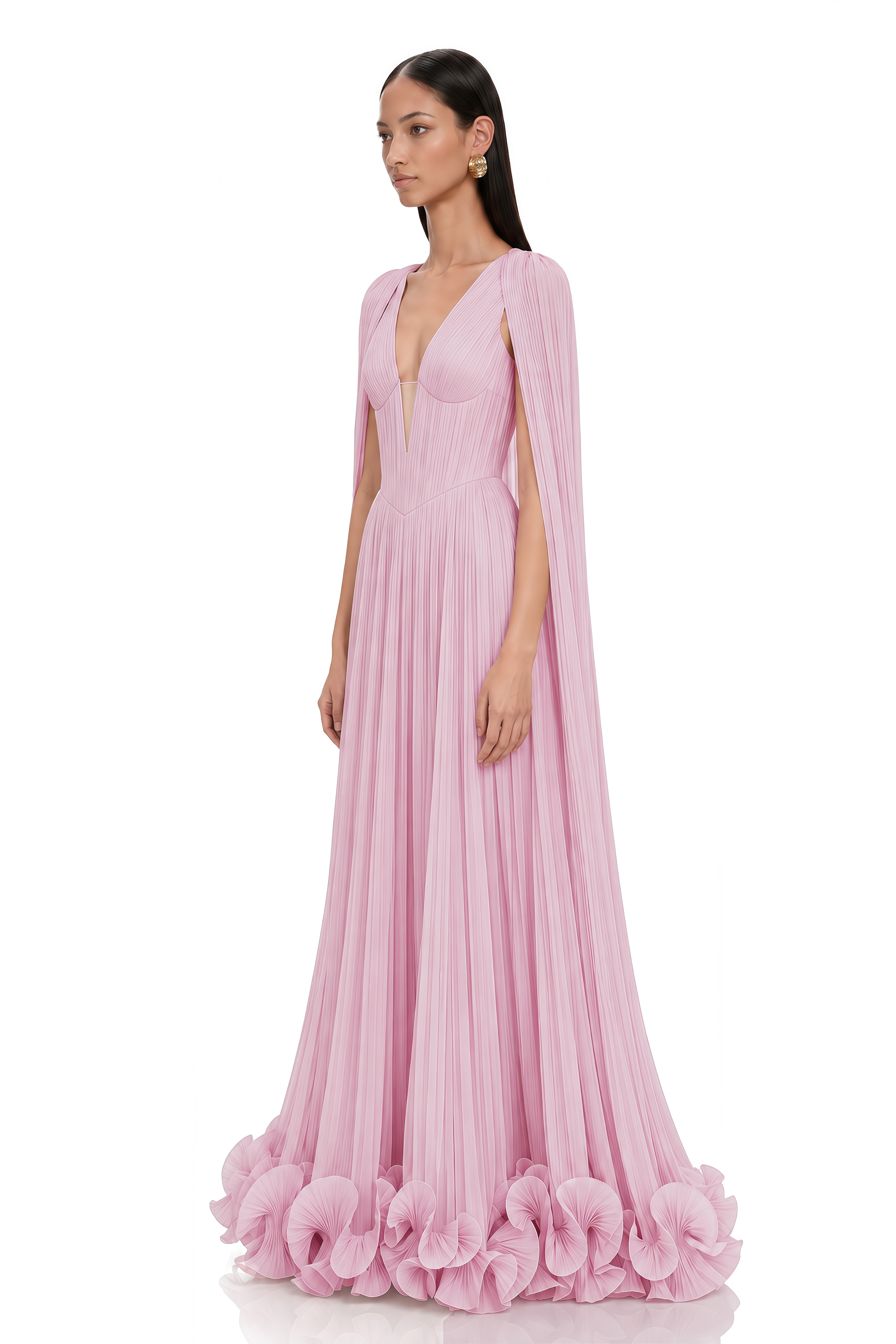 Anneliese Pink Pleated Cape Sleeve Ruffle Maxi Dress