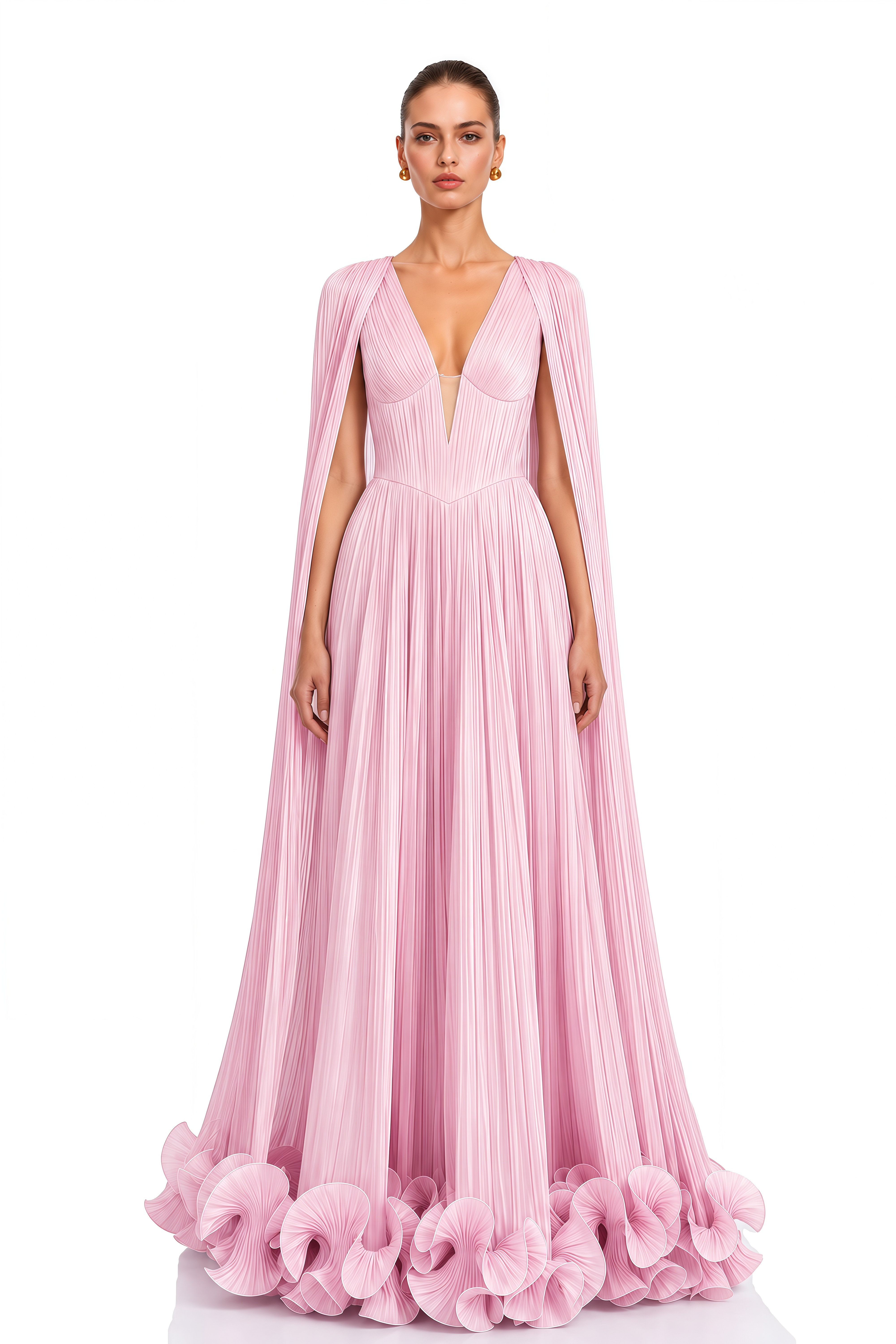 Anneliese Pink Pleated Cape Sleeve Ruffle Maxi Dress