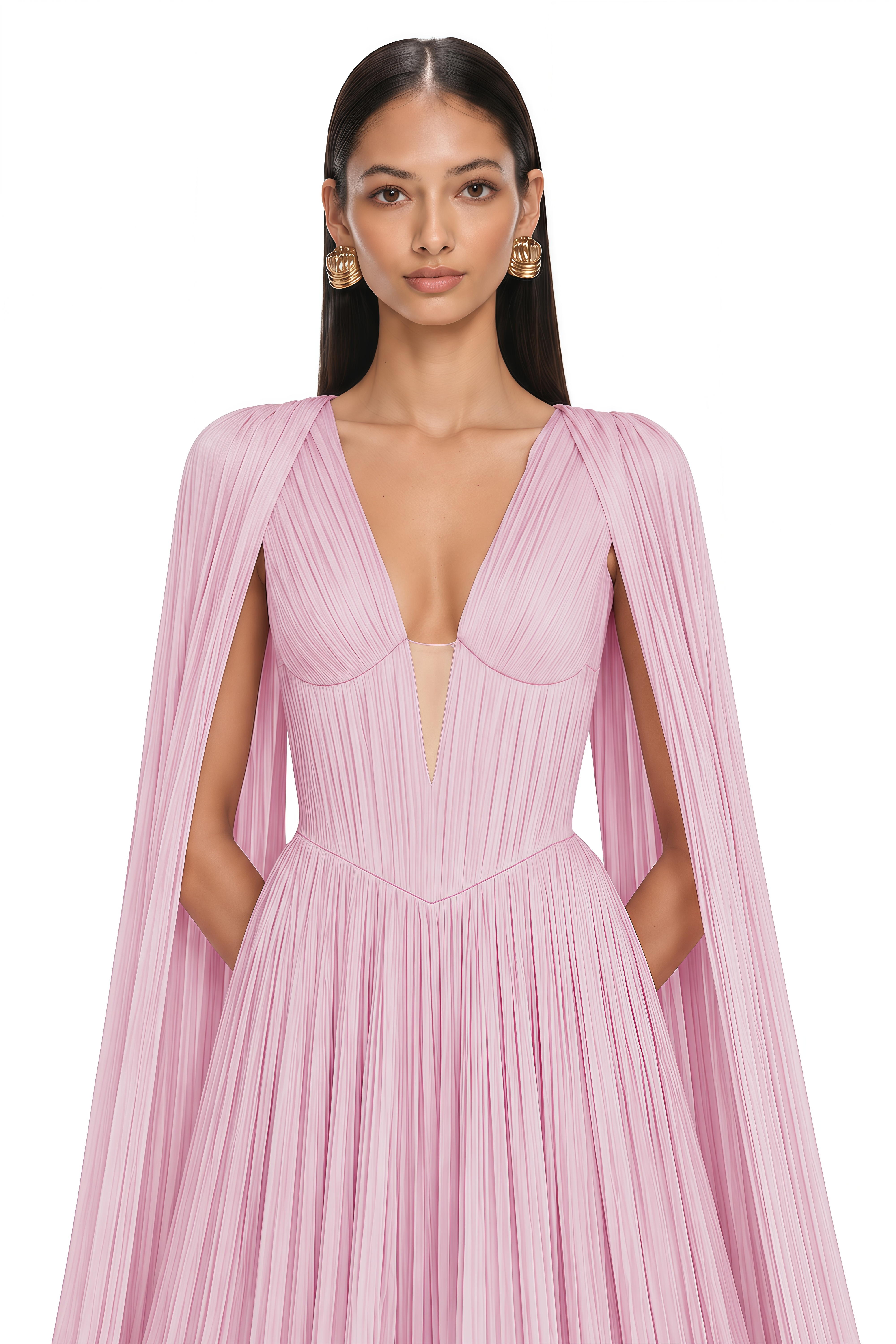 Anneliese Pink Pleated Cape Sleeve Ruffle Maxi Dress