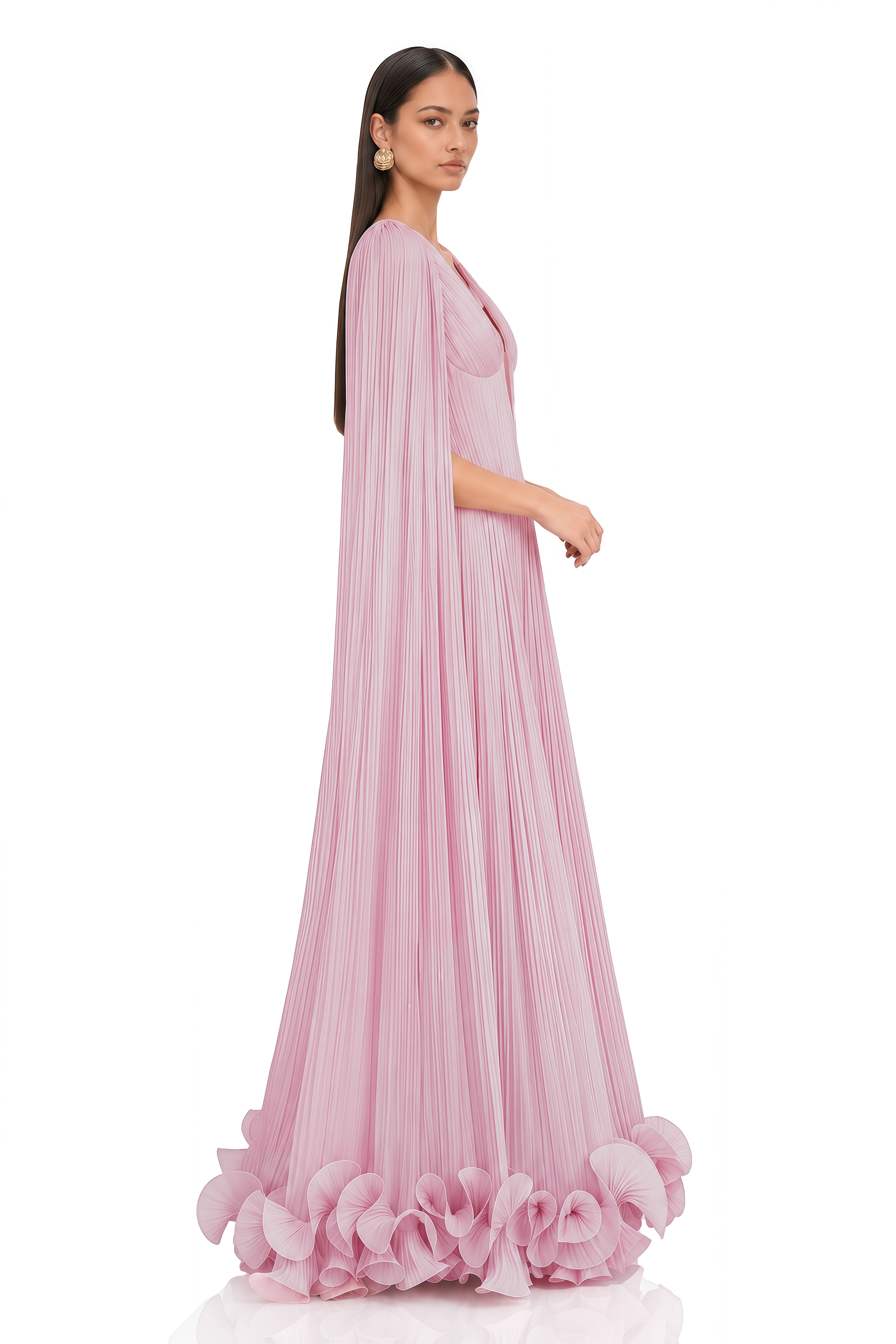 Anneliese Pink Pleated Cape Sleeve Ruffle Maxi Dress