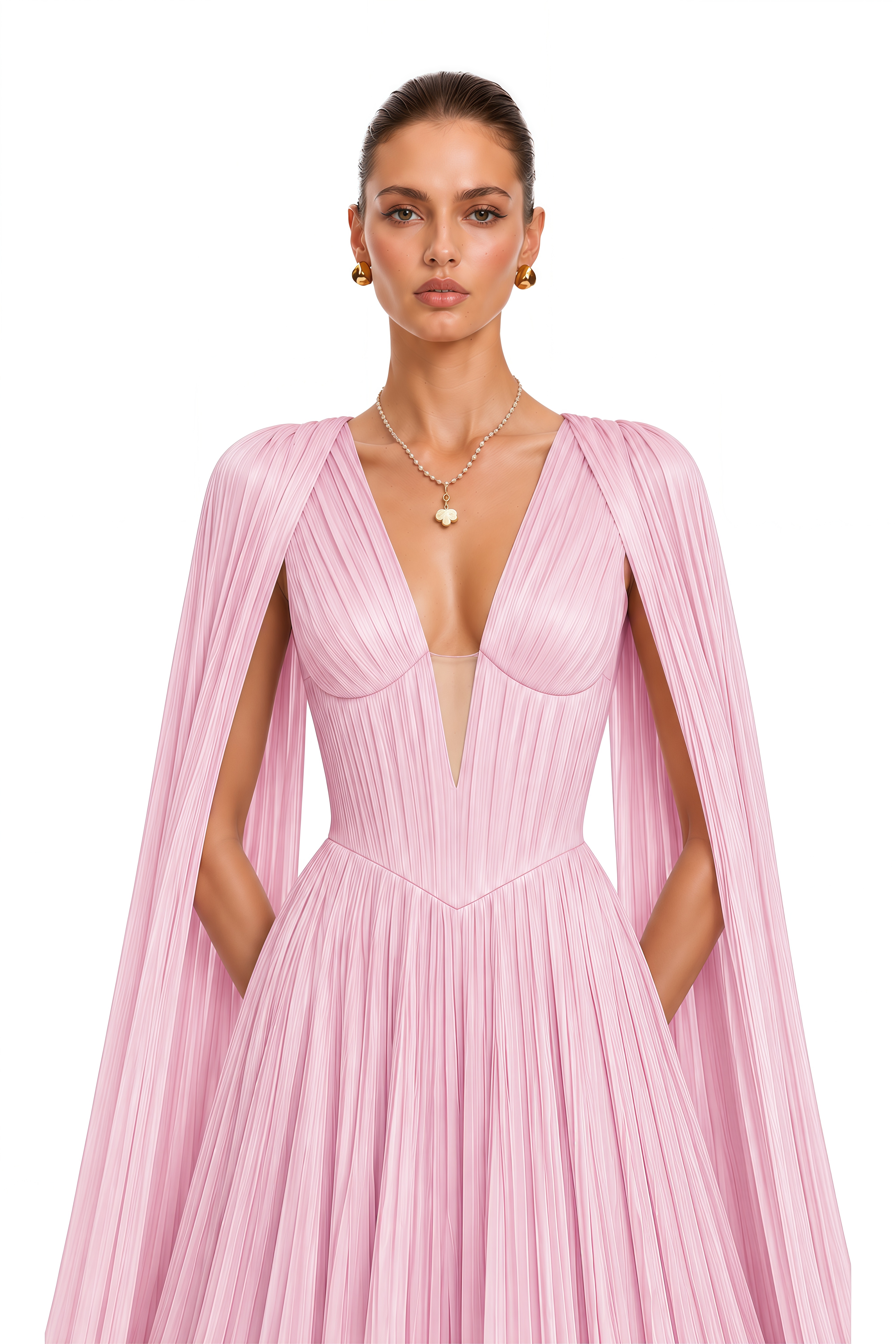 Anneliese Pink Pleated Cape Sleeve Ruffle Maxi Dress