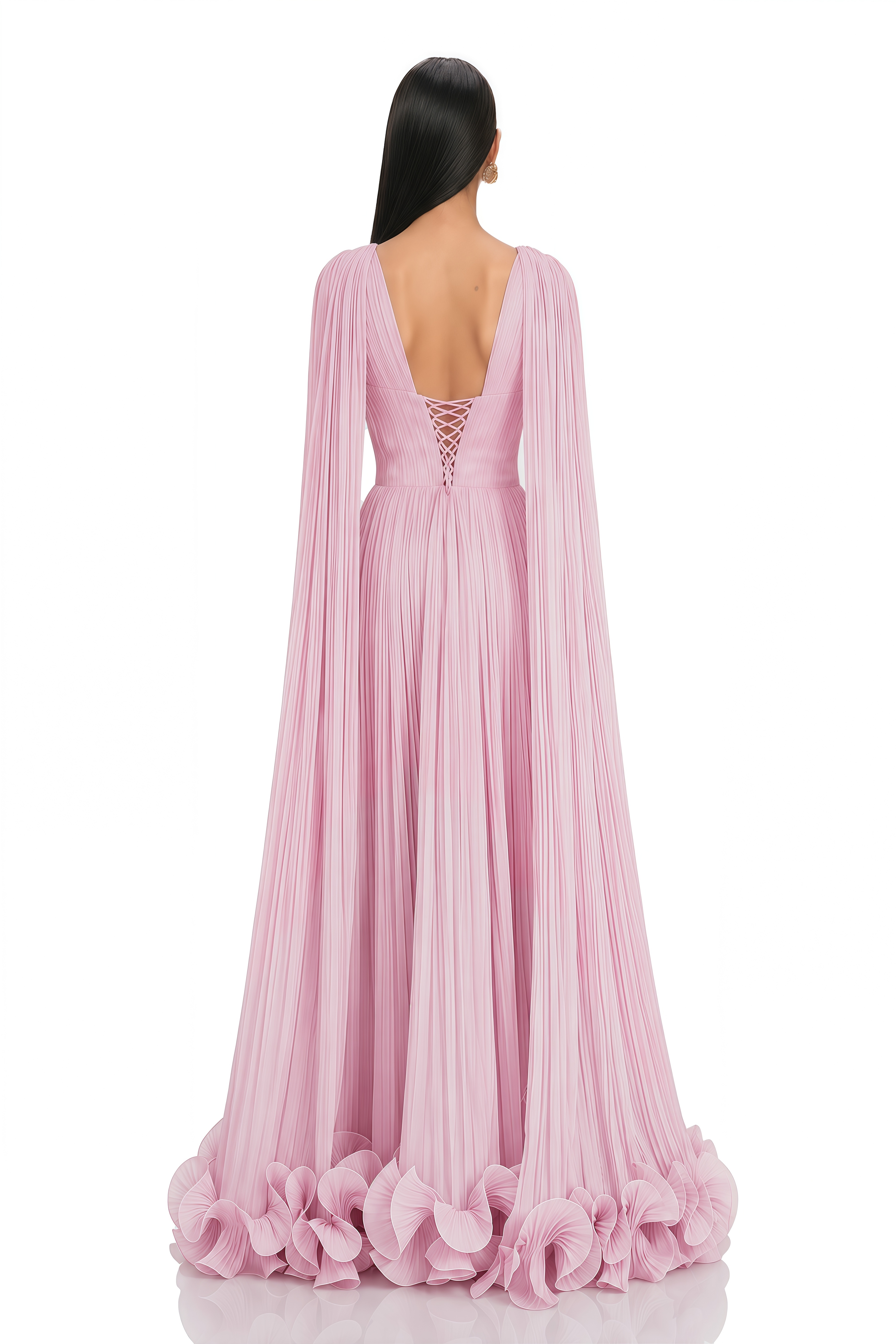 Anneliese Pink Pleated Cape Sleeve Ruffle Maxi Dress