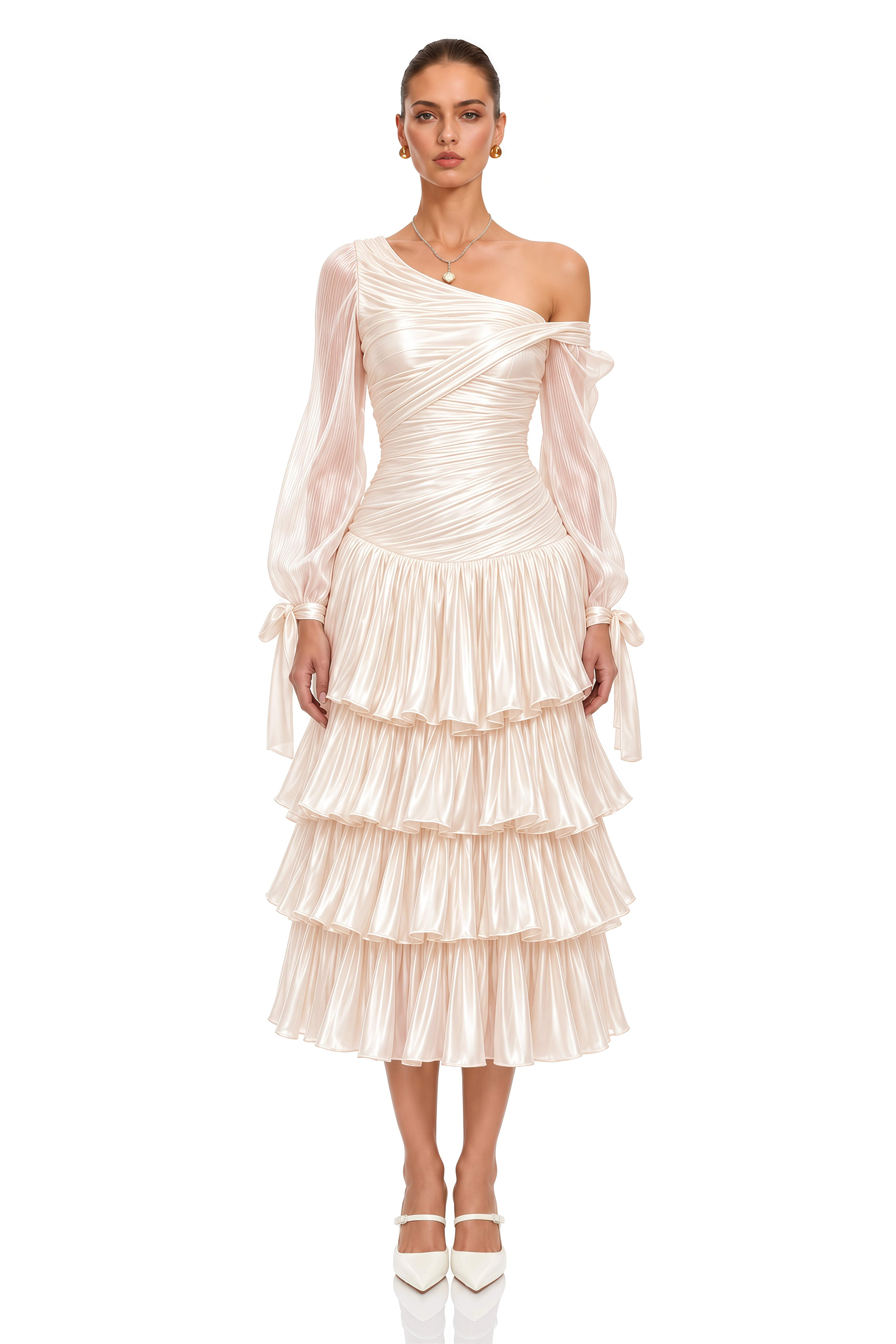 Annette Neutral Off-Shoulder Ruched Tiered Midi Dress