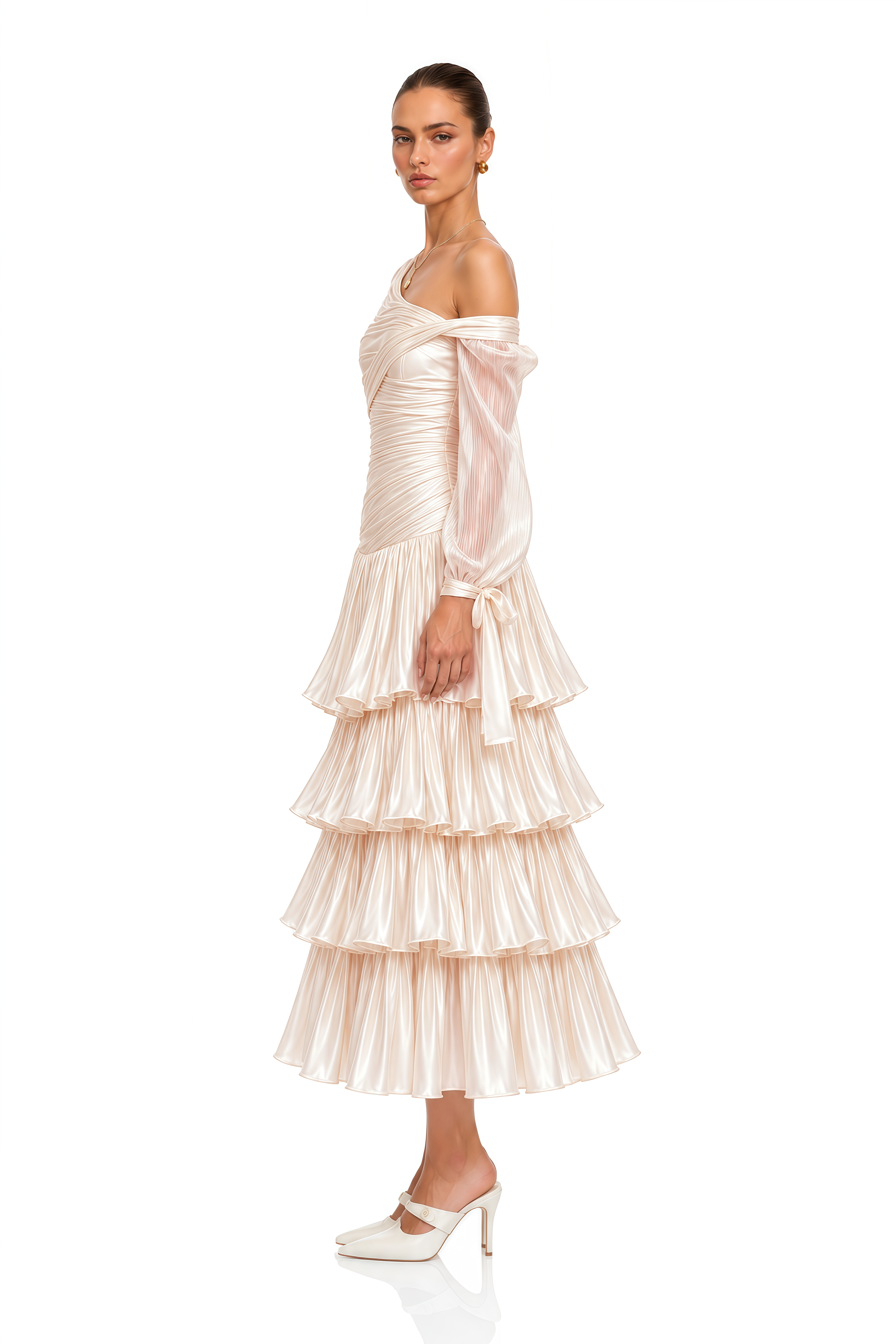 Annette Neutral Off-Shoulder Ruched Tiered Midi Dress