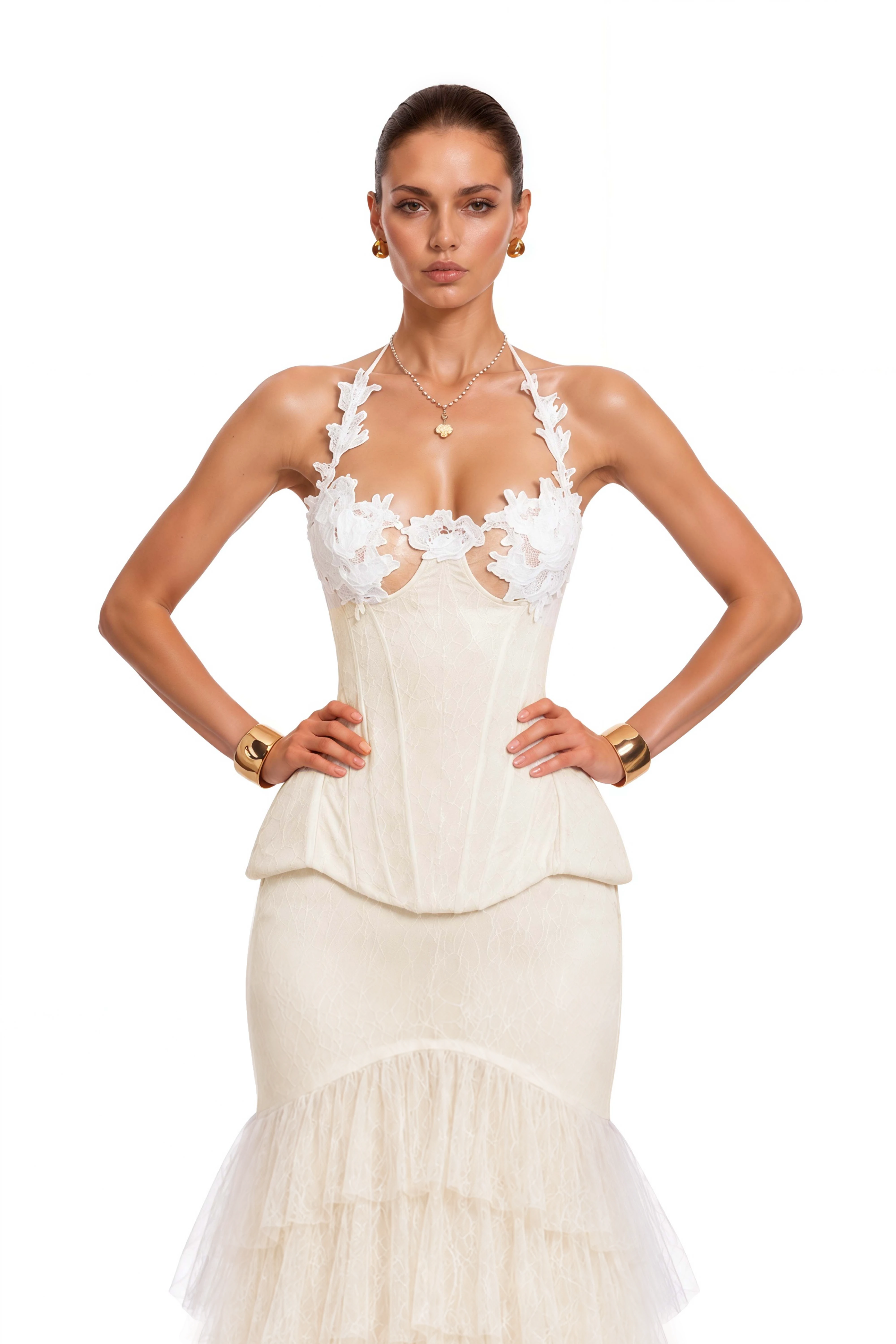 Annette White Halterneck Lace Ruffled Maxi Dress