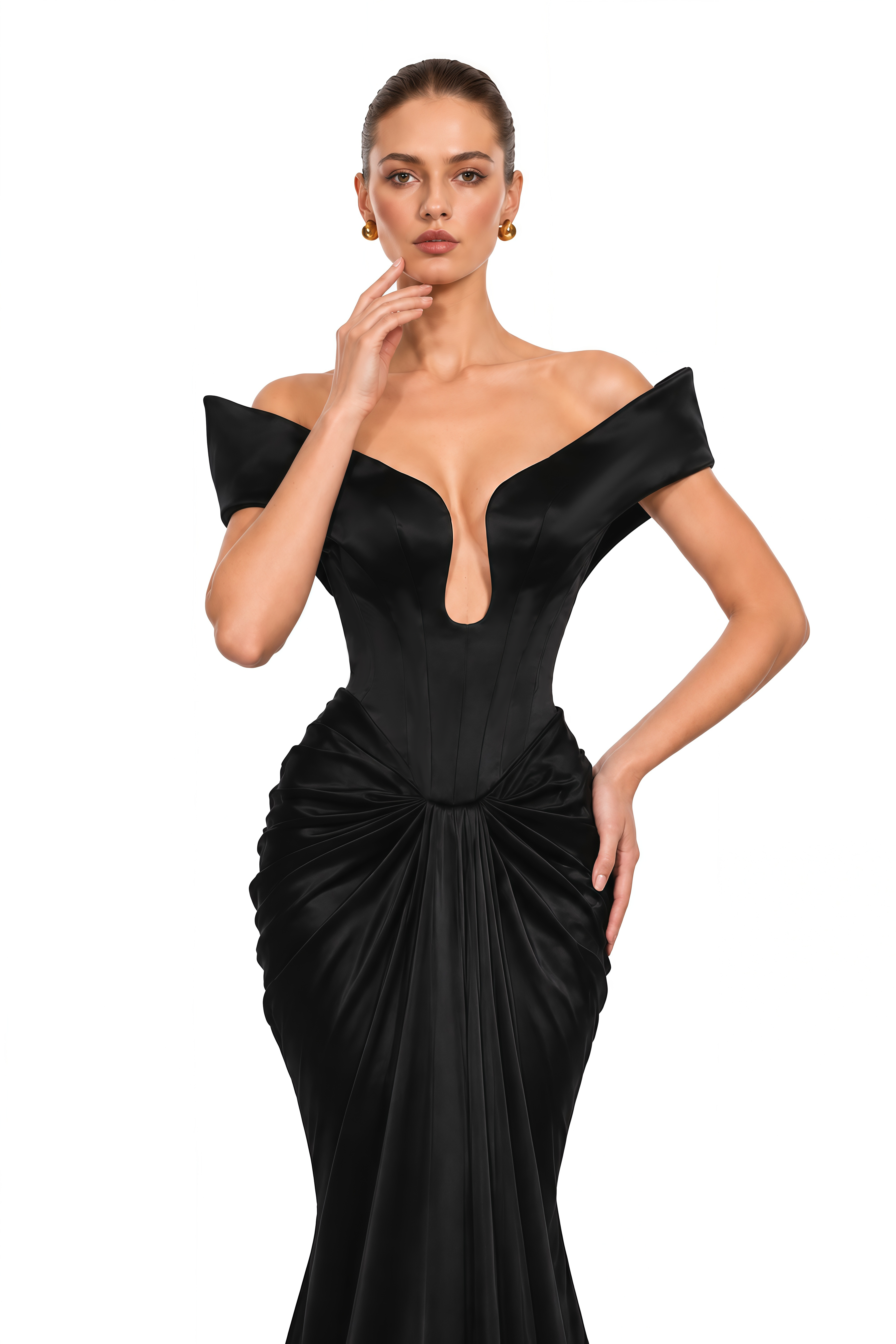 Anouk Black Off Shoulder Satin Corset Mermaid Maxi Dress