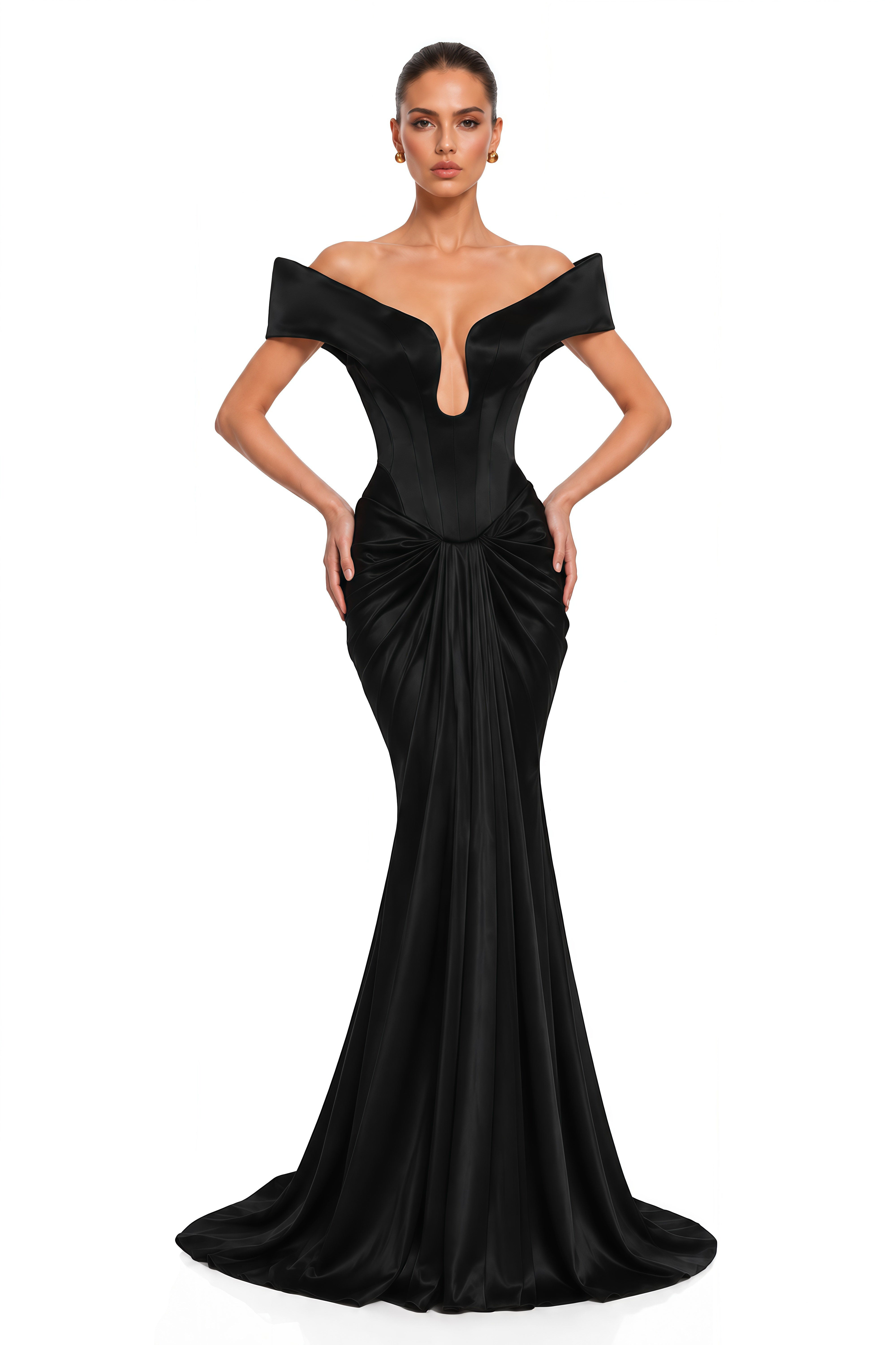 Anouk Black Off Shoulder Satin Corset Mermaid Maxi Dress