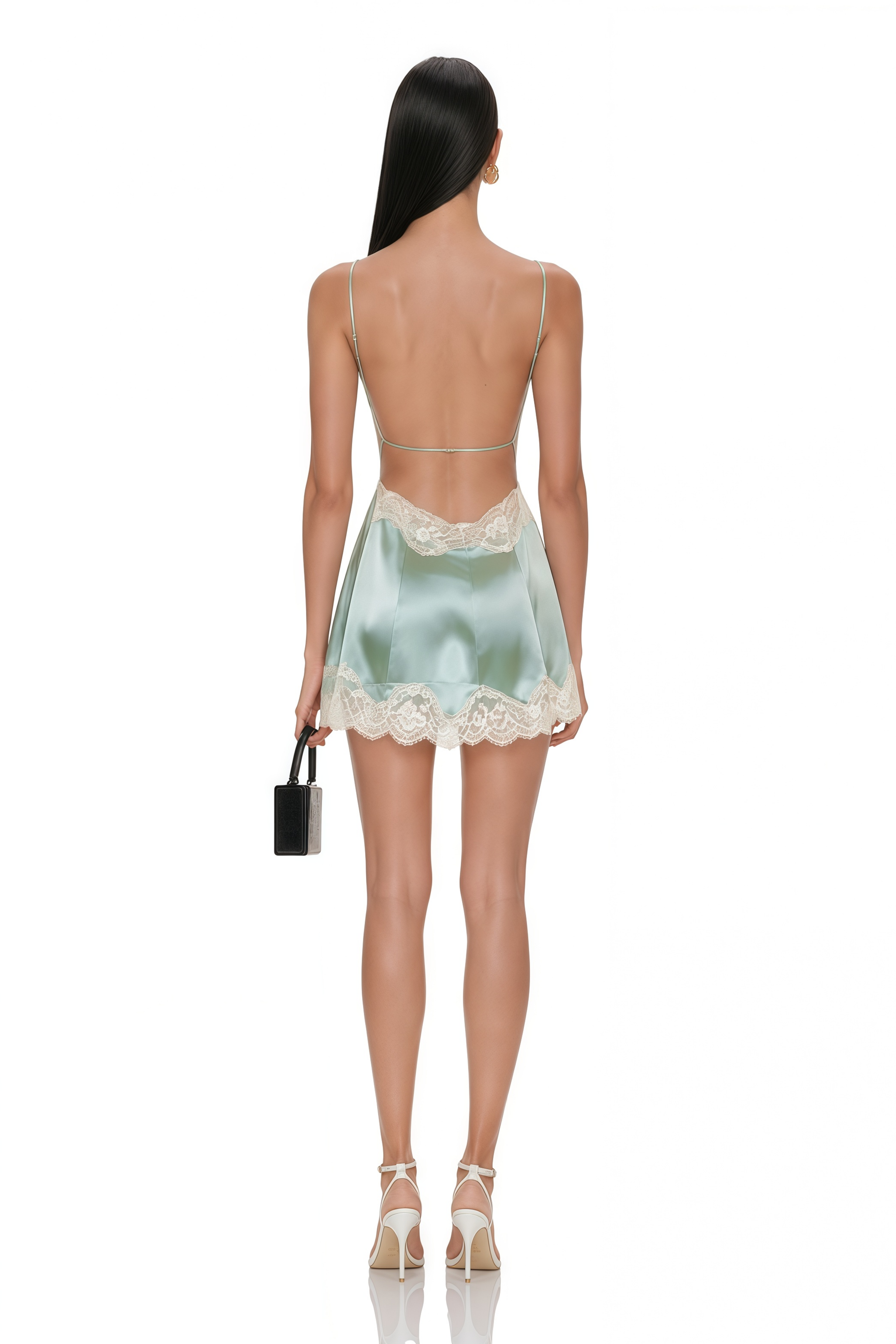 Anouk Sage Green Lace Trim Satin Mini Dress