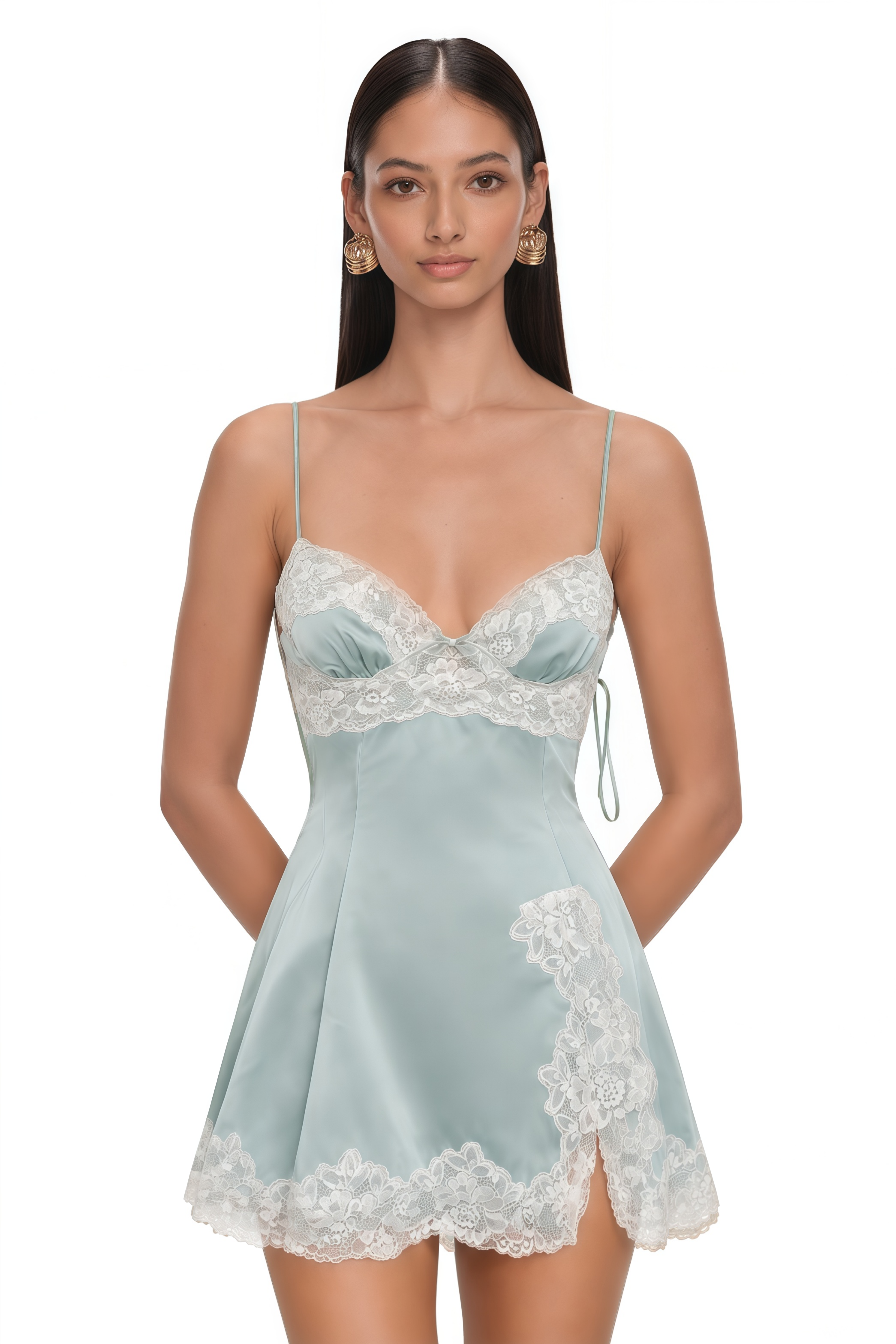 Anouk Sage Green Lace Trim Satin Mini Dress