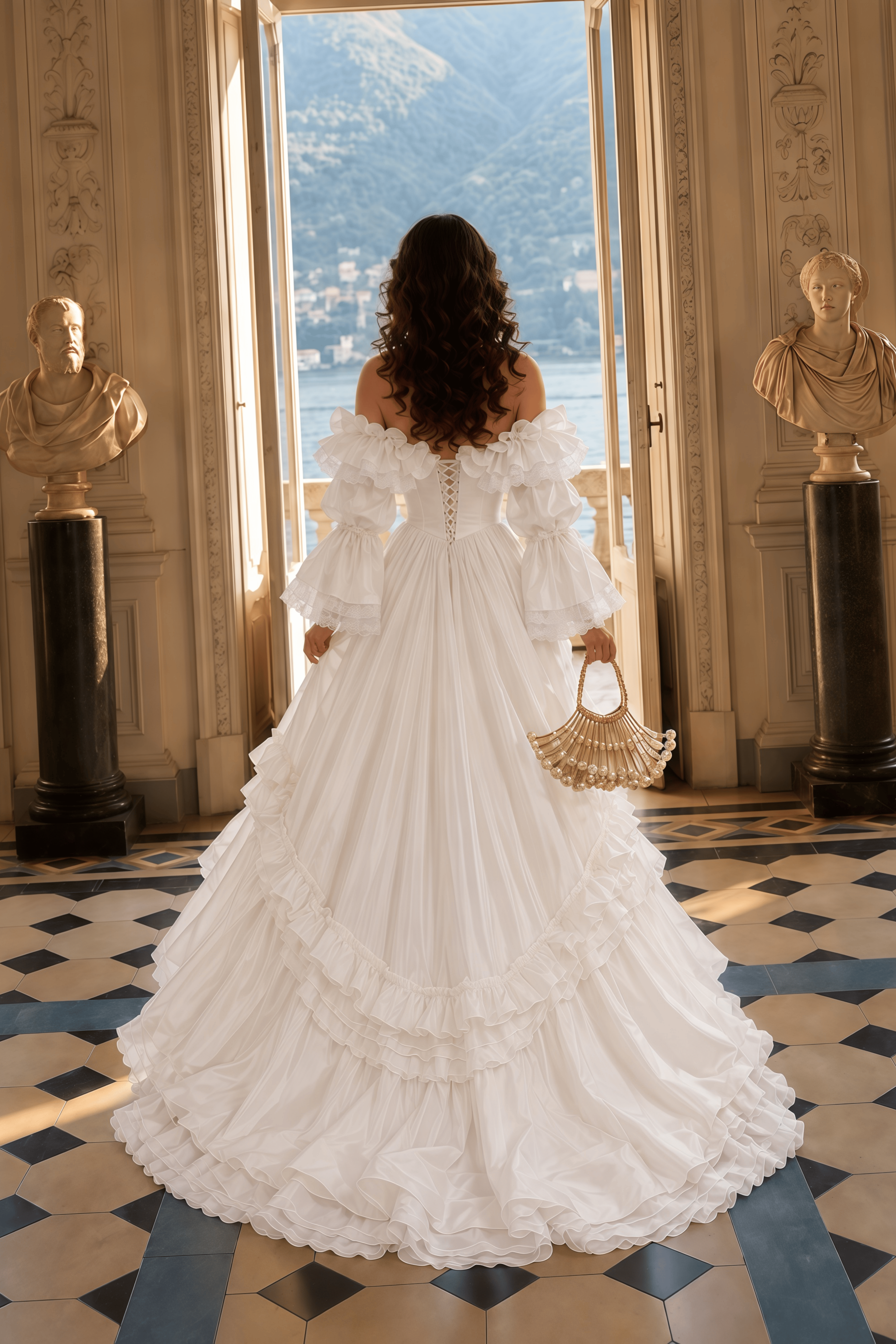 Antoinette White Ruffled Off-Shoulder Corset Tiered Maxi Gown