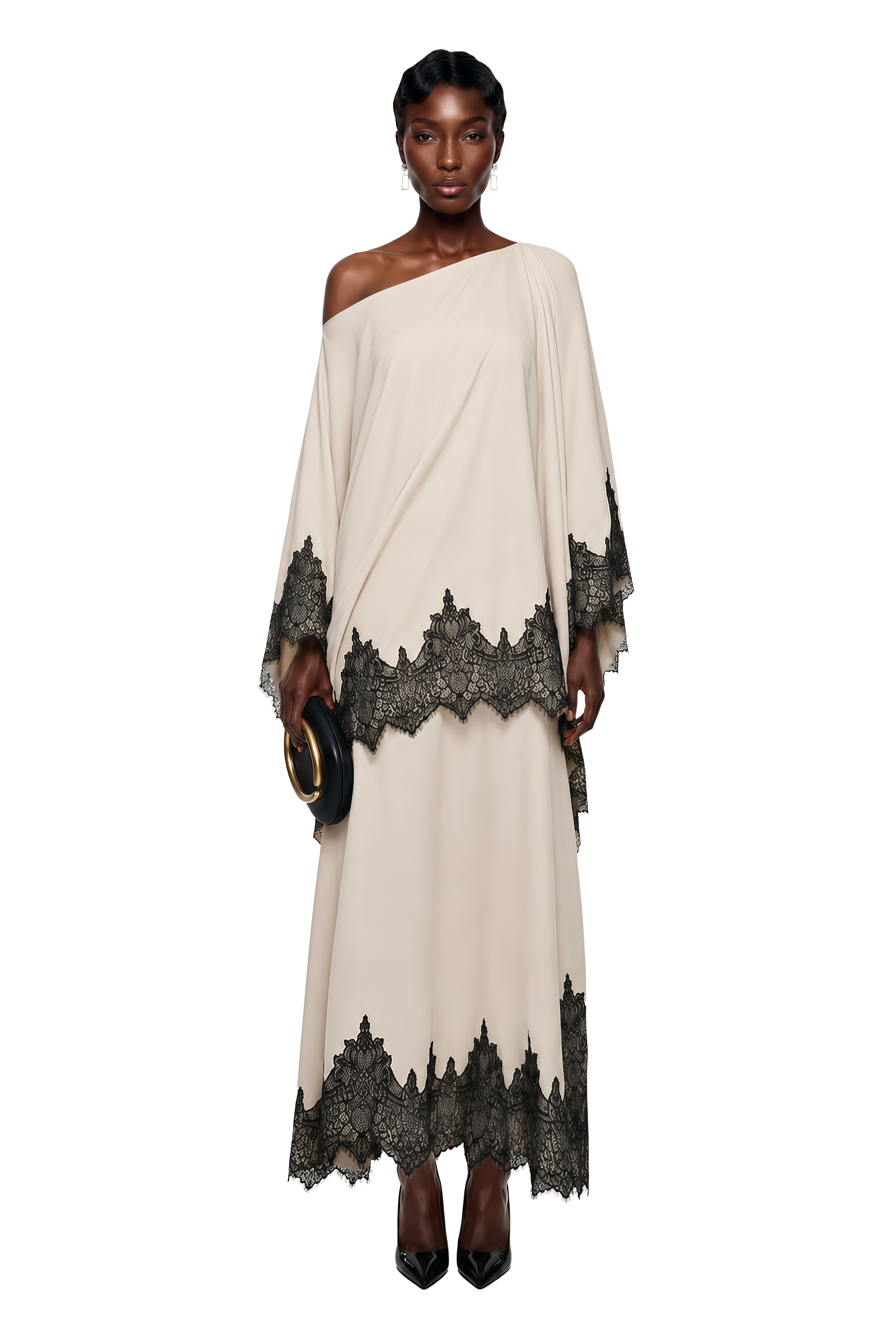 Aoraki Cream One Shoulder Top & Skirt Set with Lace Trim