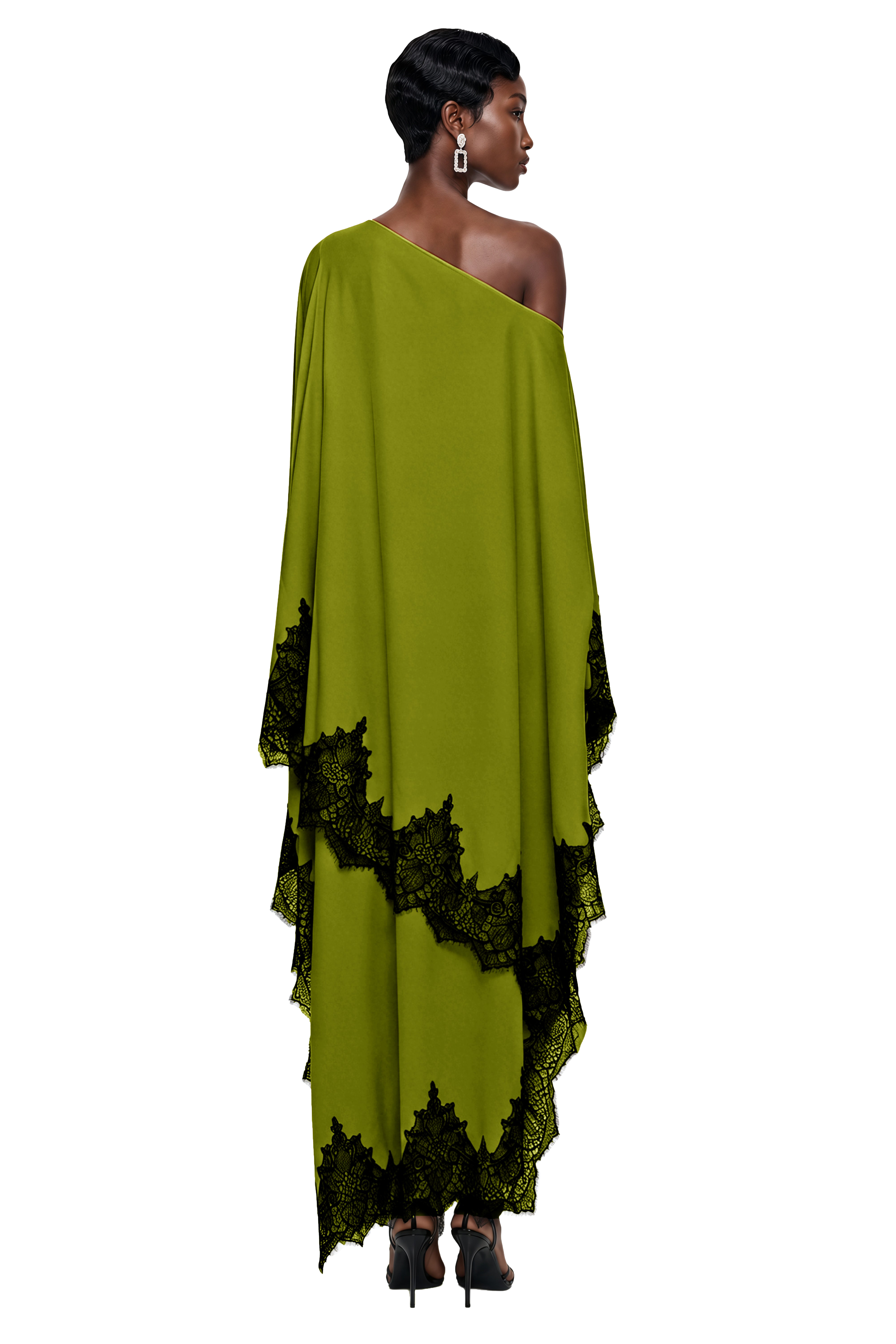 Aoraki Green One Shoulder Top & Skirt Set with Lace Trim