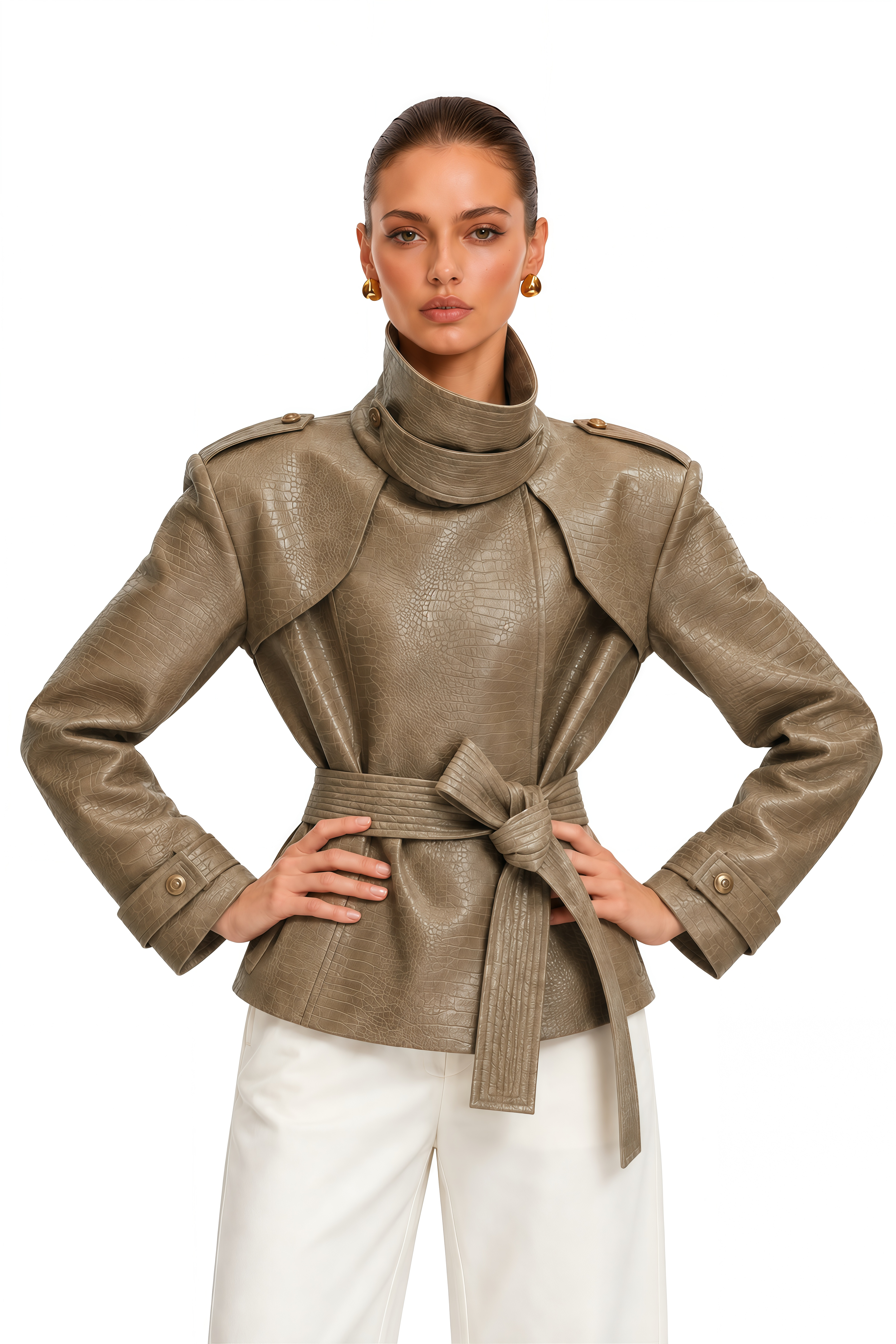 Apolline Khaki High Neck Embossed Jacket