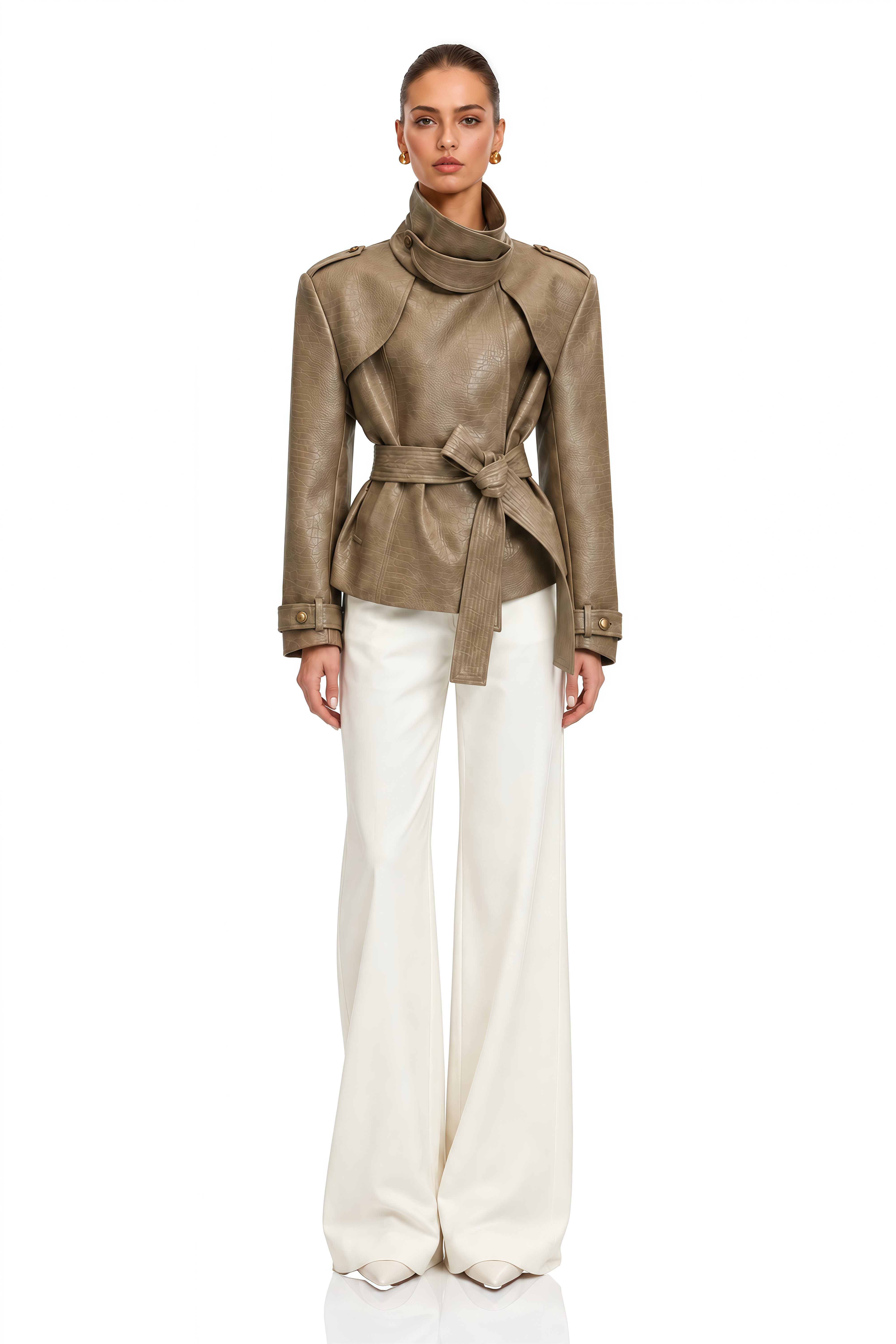 Apolline Khaki High Neck Embossed Jacket