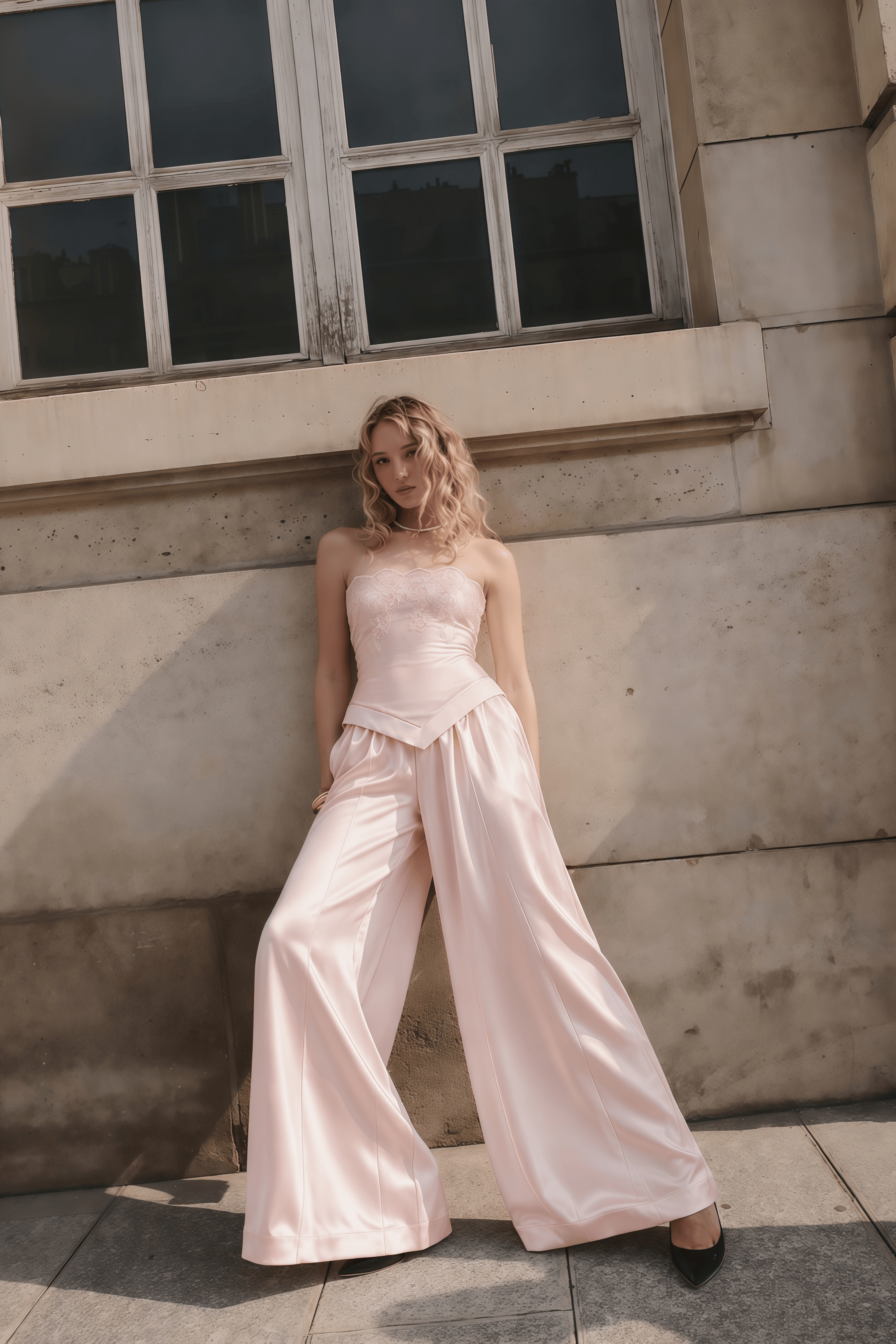 Apolline Pink Satin Top & Trousers Set with Floral Lace