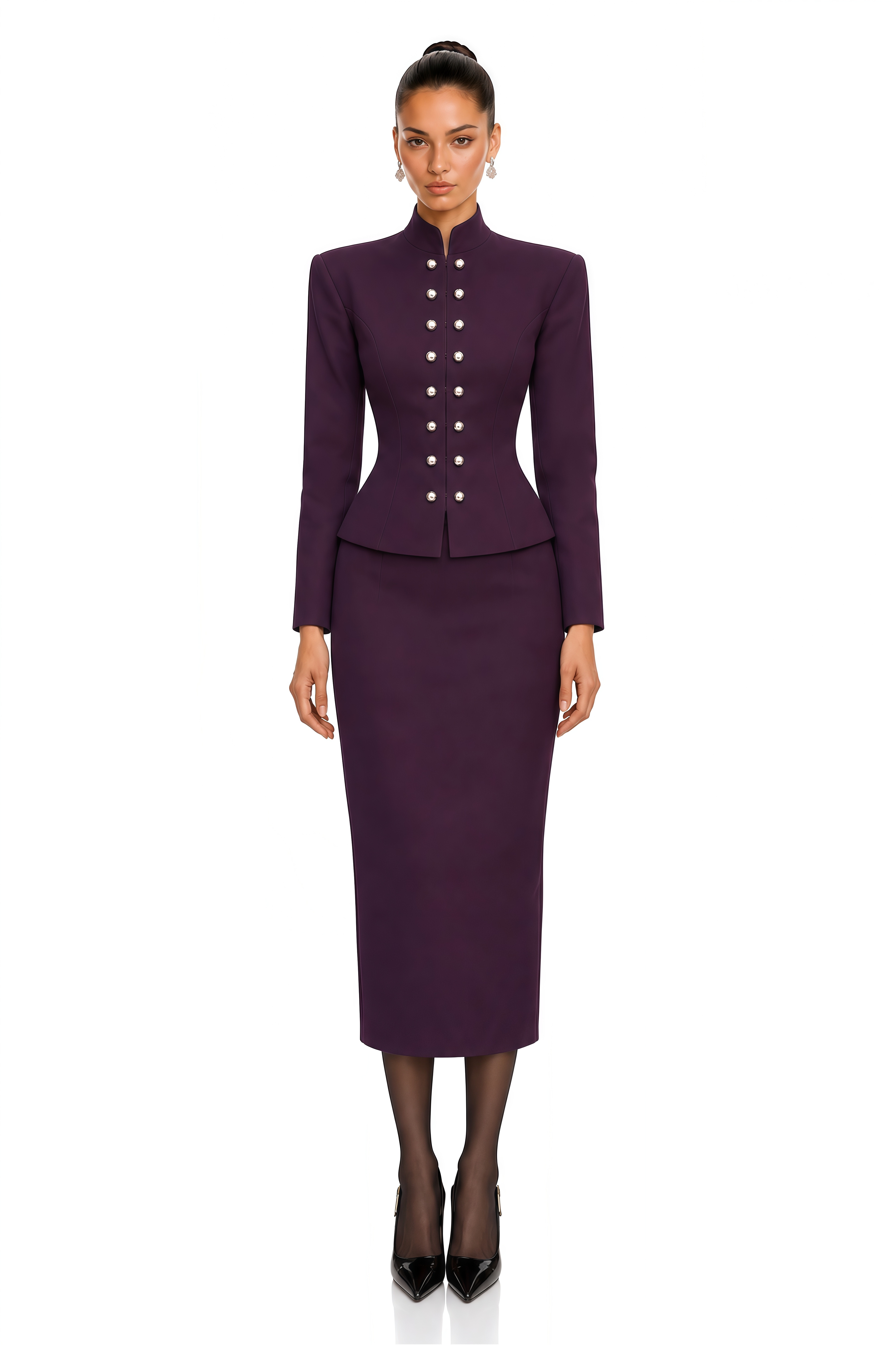 Apolline Plum Military Jacket & Pencil Midi Skirt Set