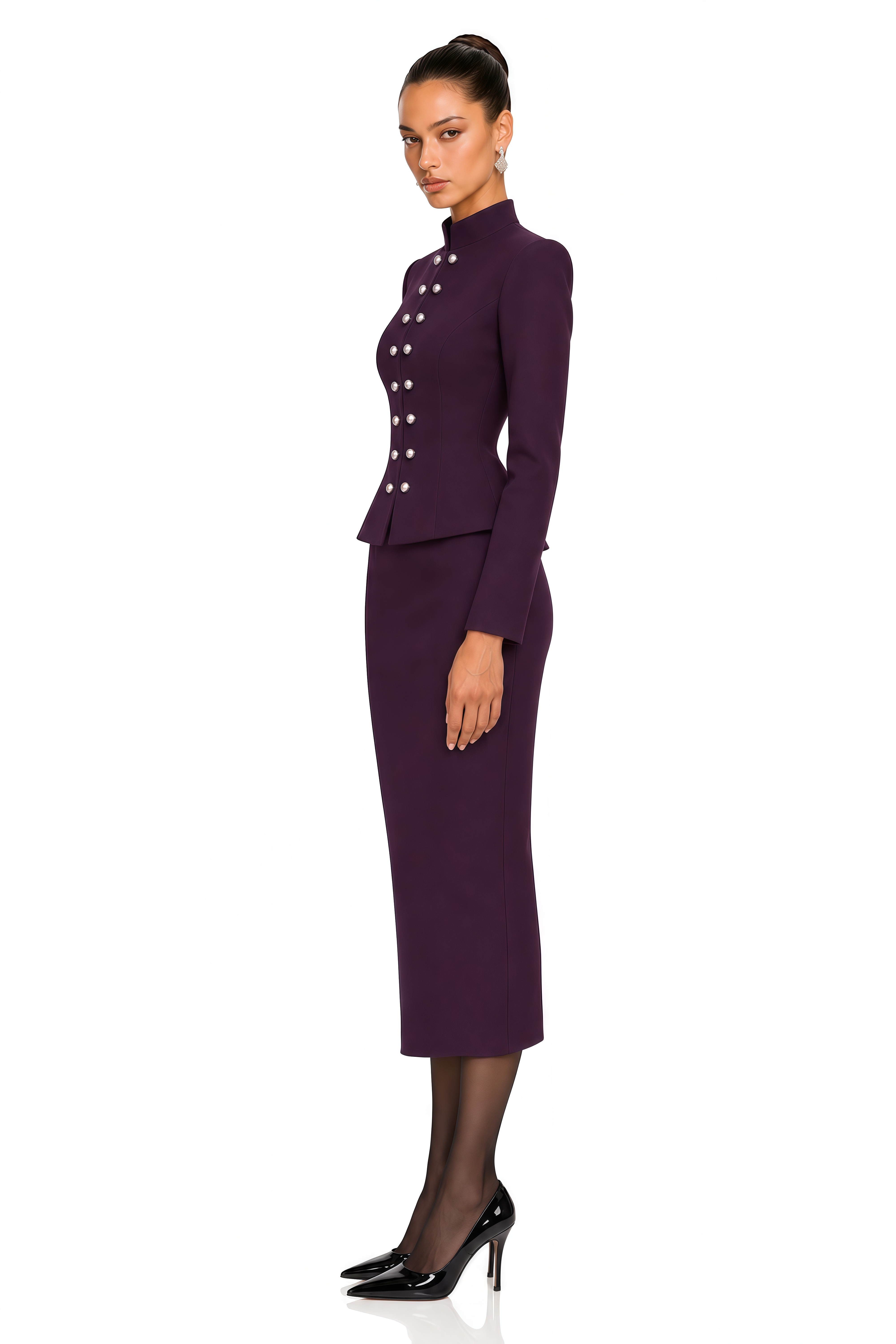 Apolline Plum Military Jacket & Pencil Midi Skirt Set