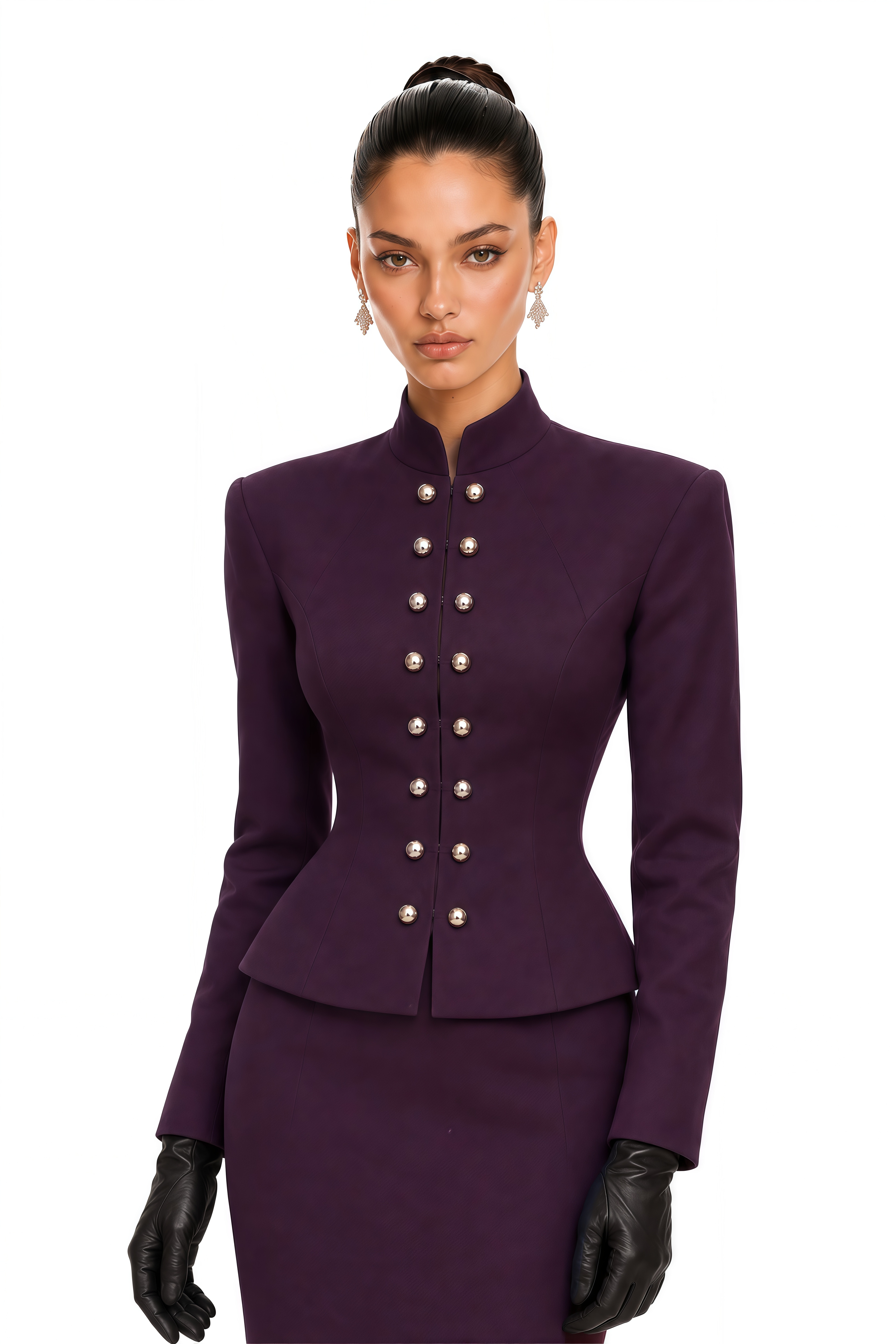 Apolline Plum Military Jacket & Pencil Midi Skirt Set