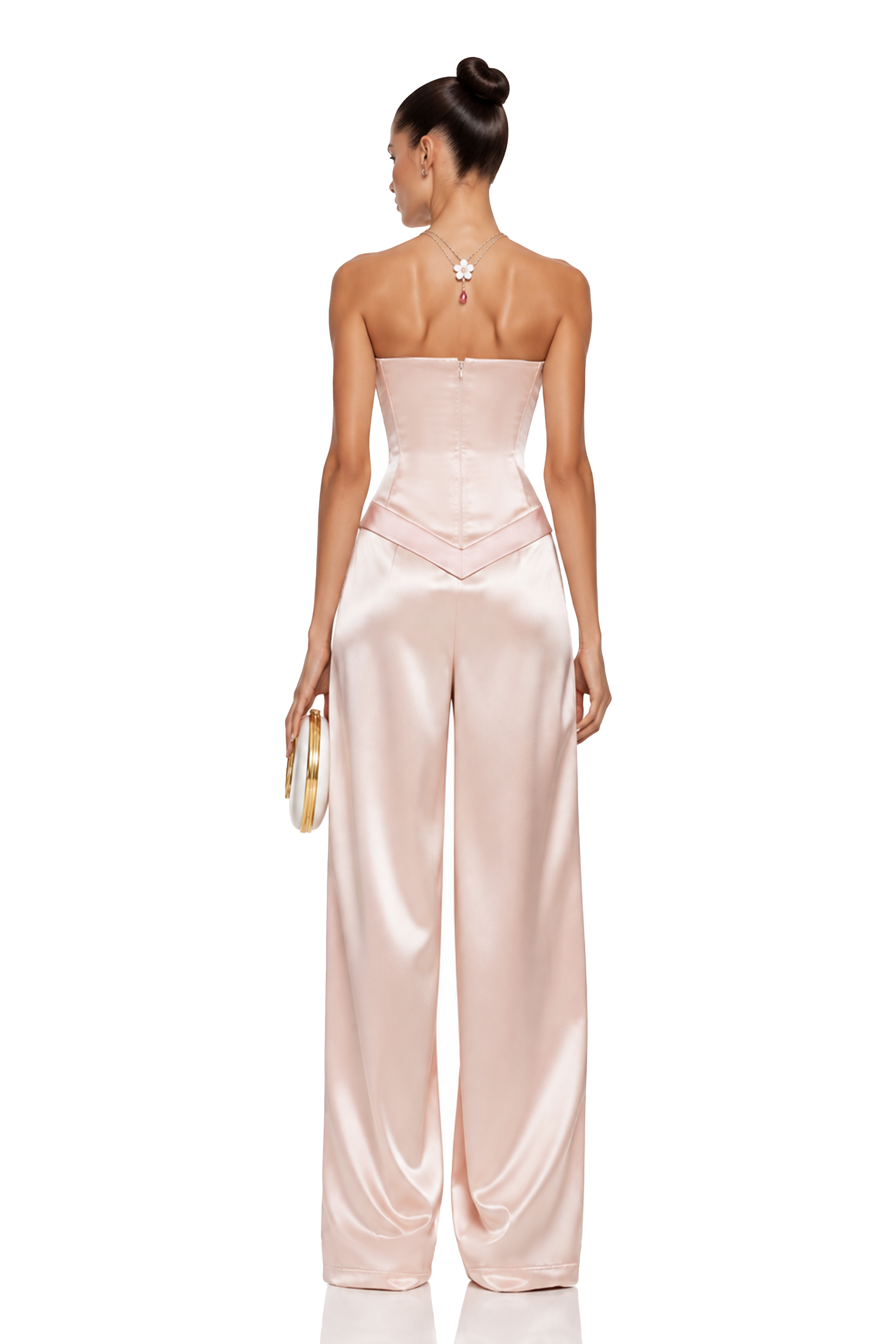 Apolline Pink Satin Top & Trousers Set with Floral Lace
