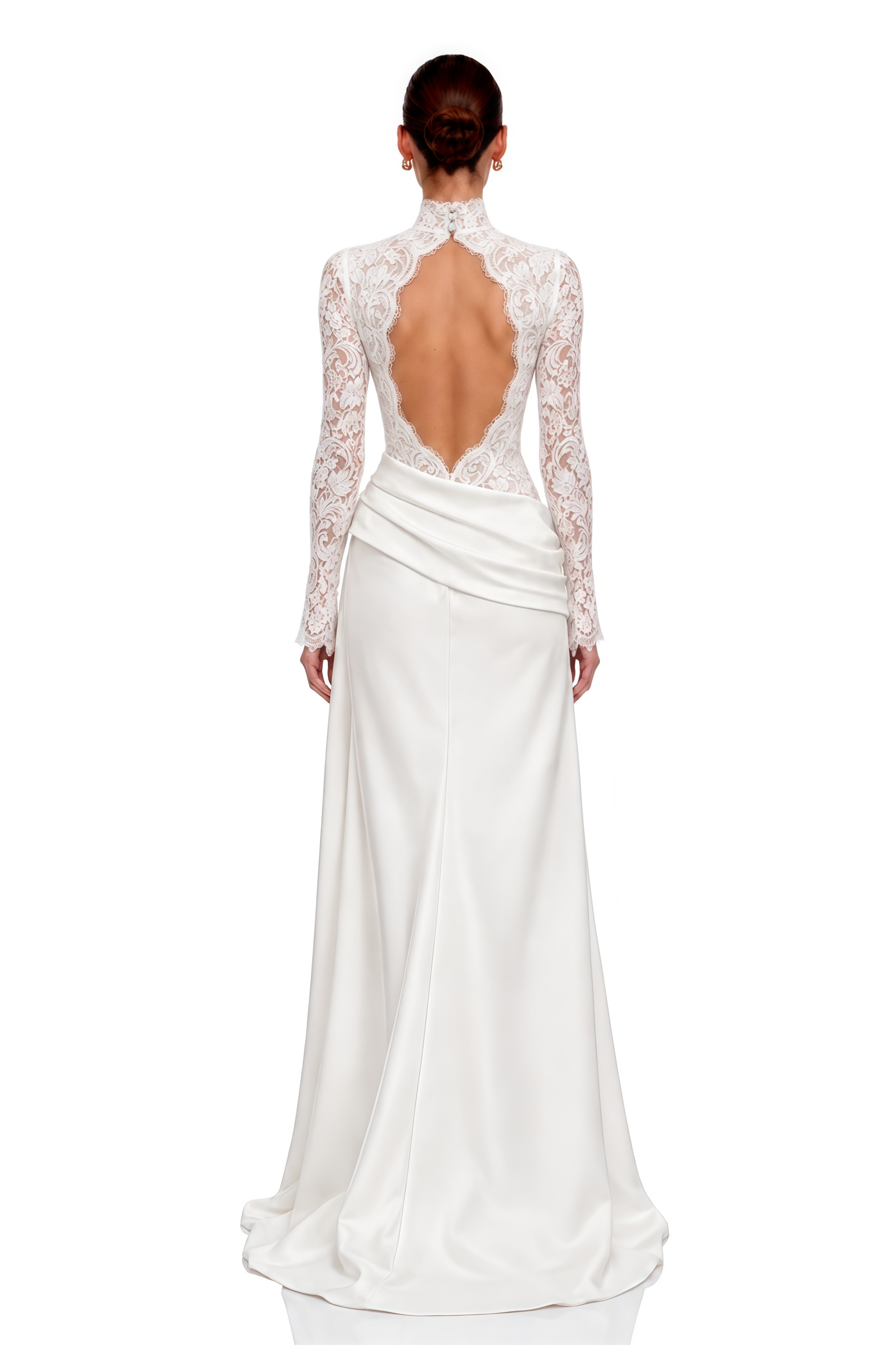 Arabella White High-Neck Lace Bodysuit & Draped Maxi Skirt Set