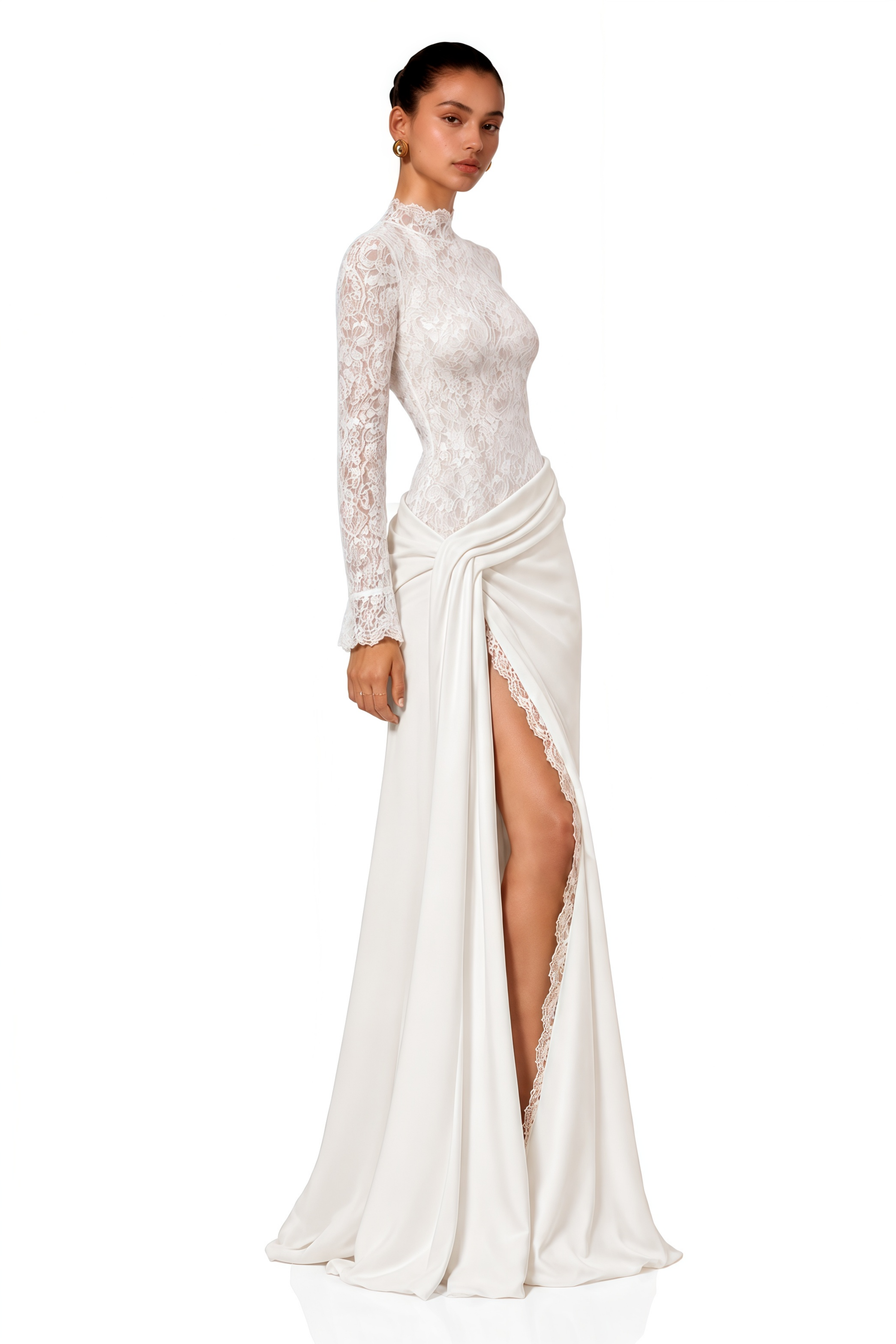 Arabella White High-Neck Lace Bodysuit & Draped Maxi Skirt Set