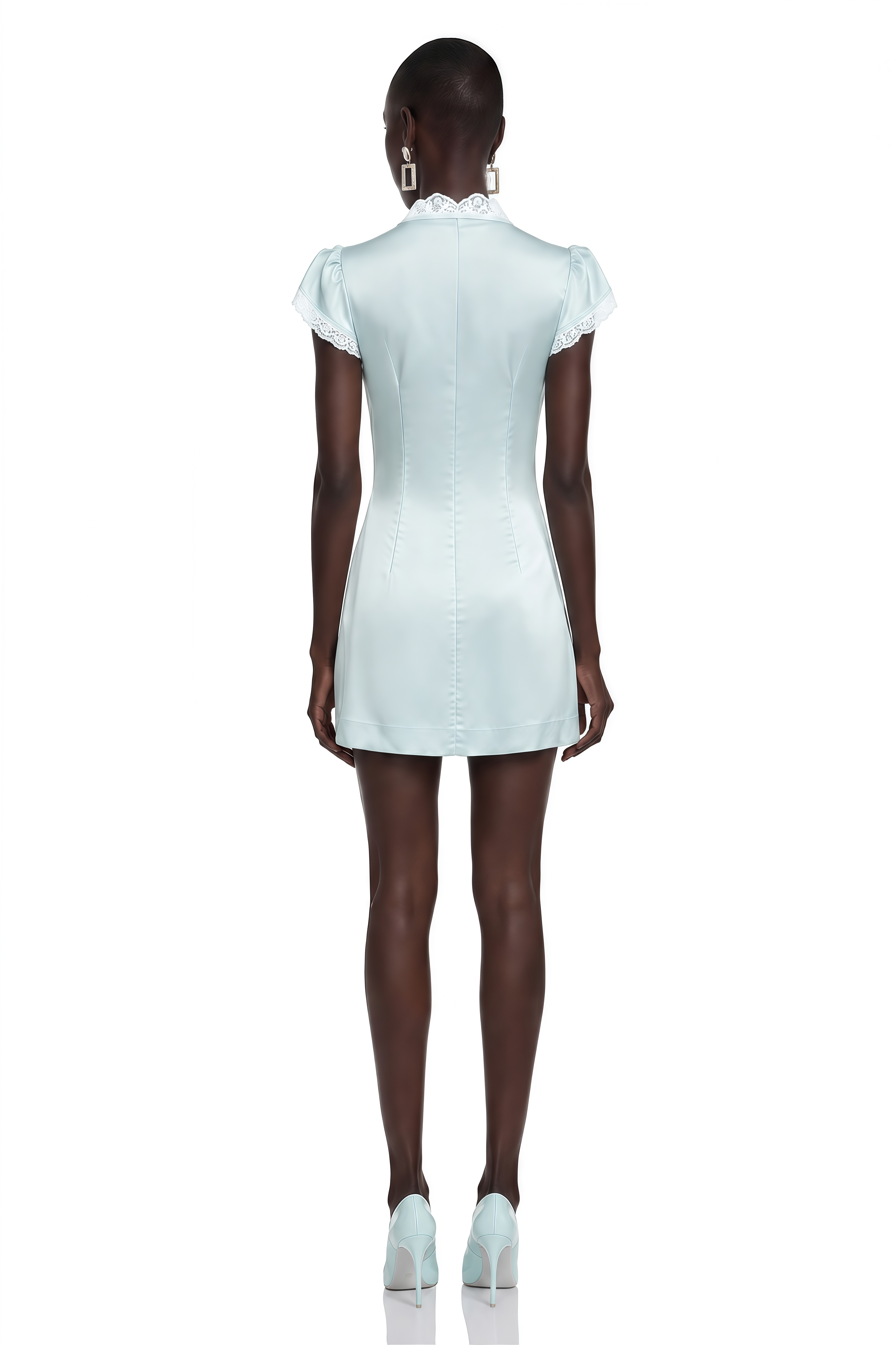 Araminta Blue Satin Mini Dress with Lace Trim