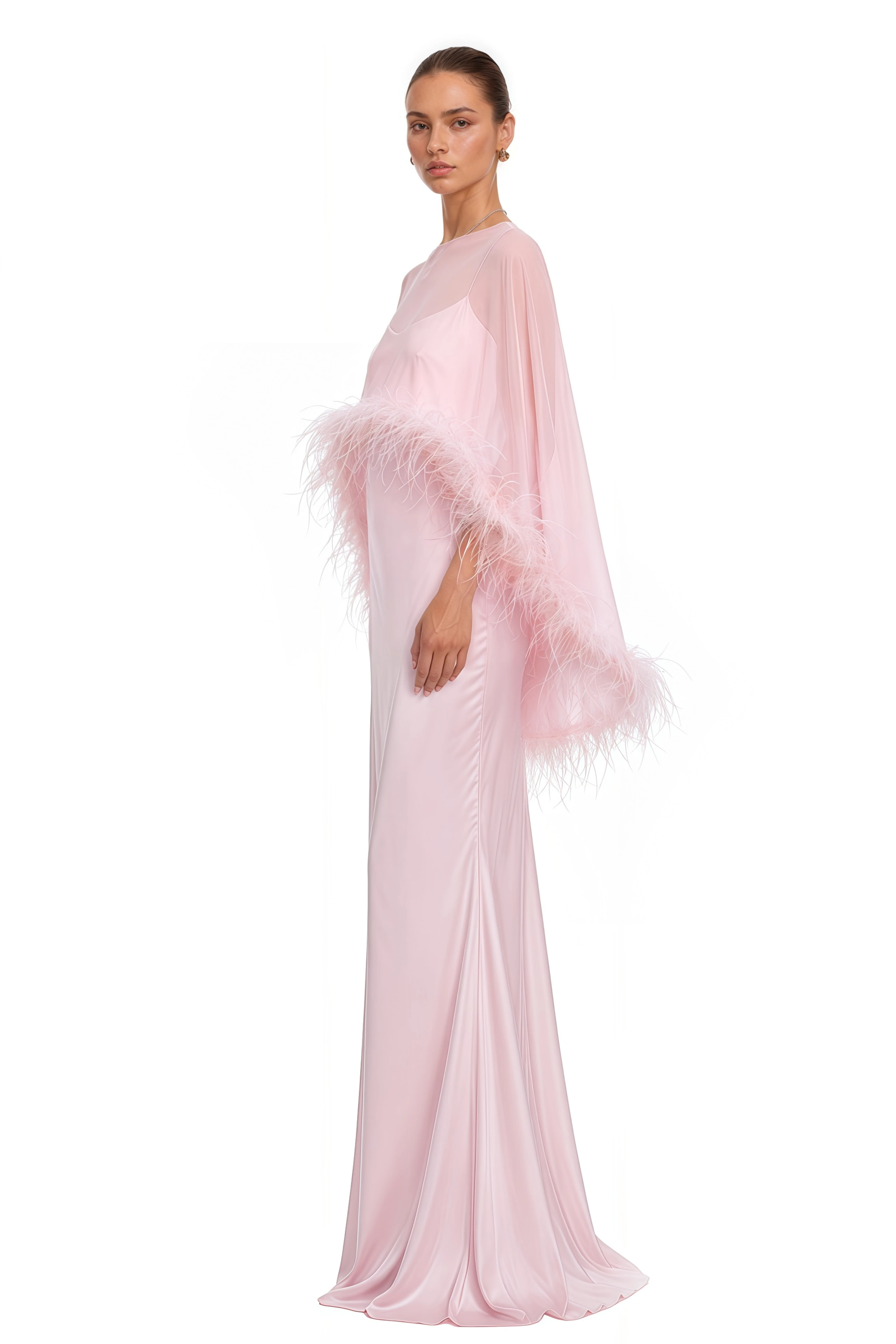 Araminta Pink Maxi Dress & Shawl Set with Feather Trim