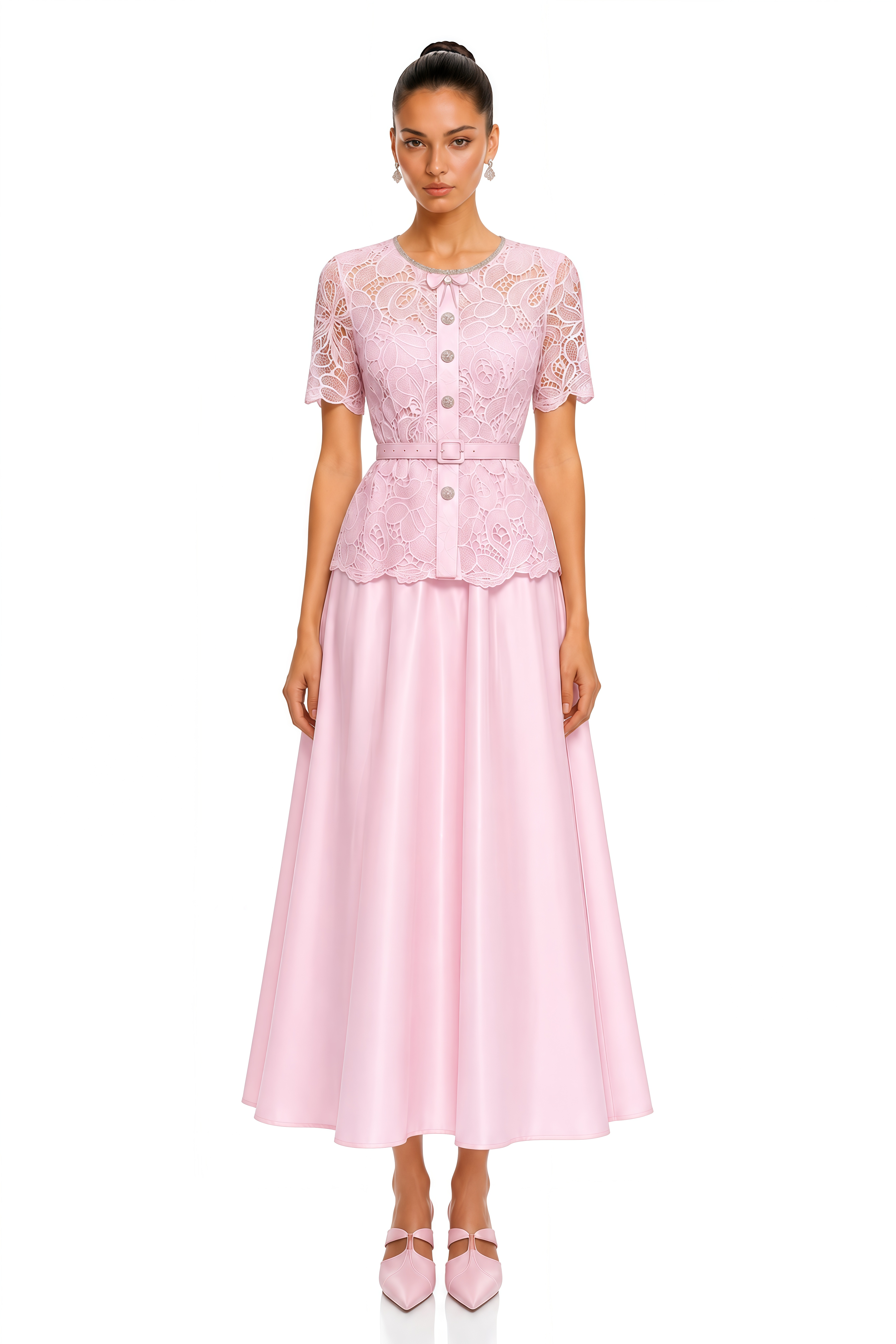 Arayah Pink Floral Lace Belted Midi Dress