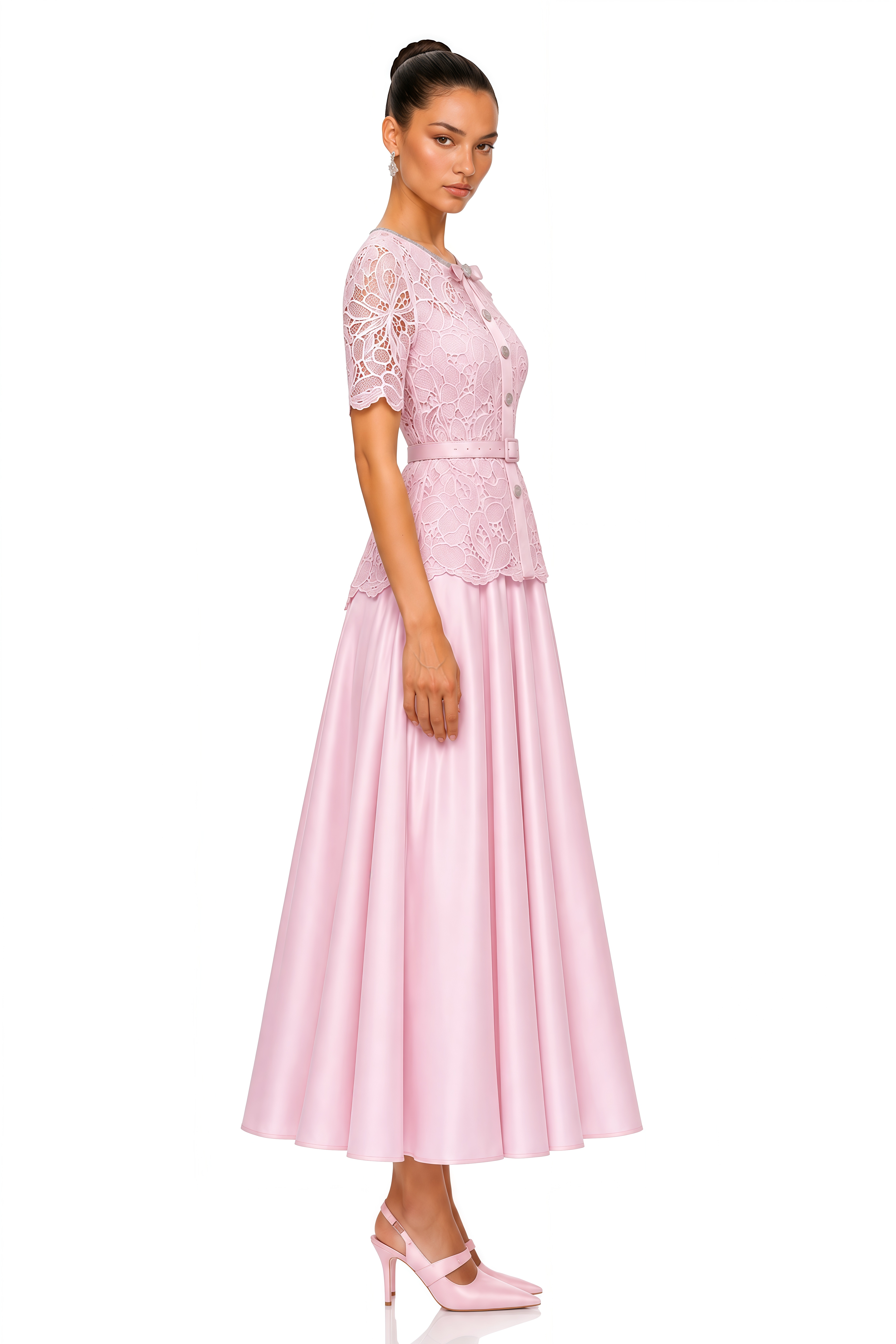 Arayah Pink Floral Lace Belted Midi Dress