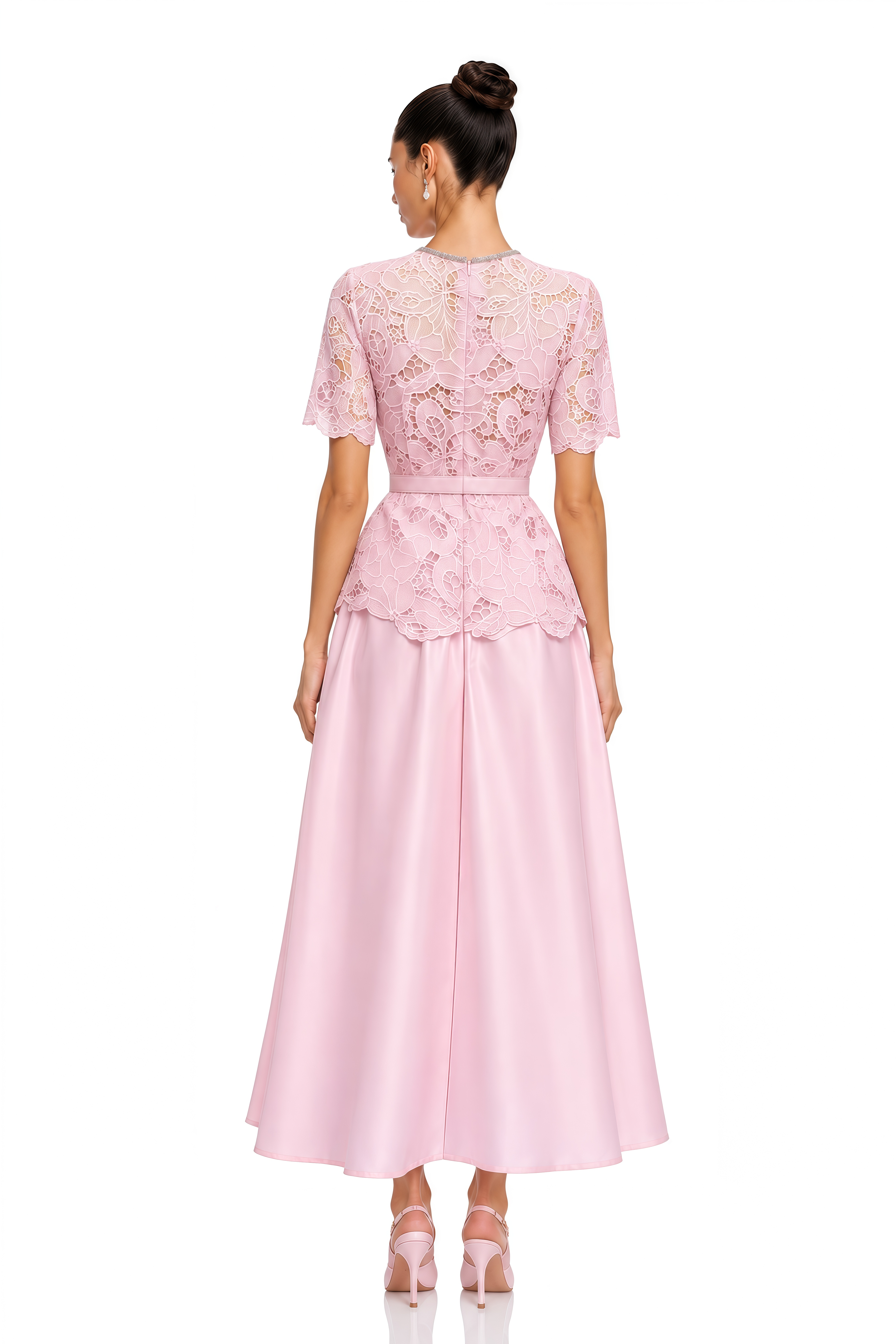 Arayah Pink Floral Lace Belted Midi Dress