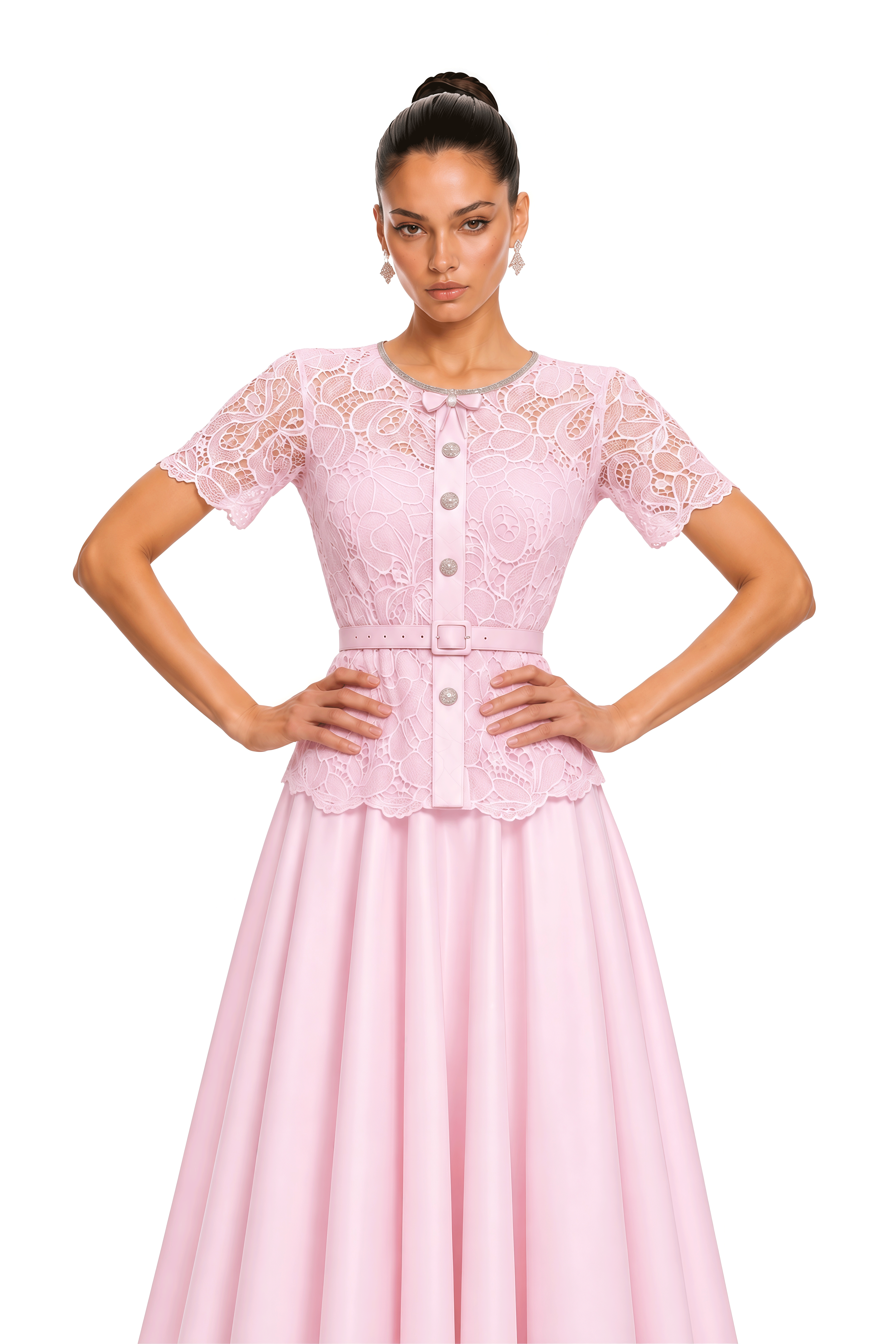 Arayah Pink Floral Lace Belted Midi Dress