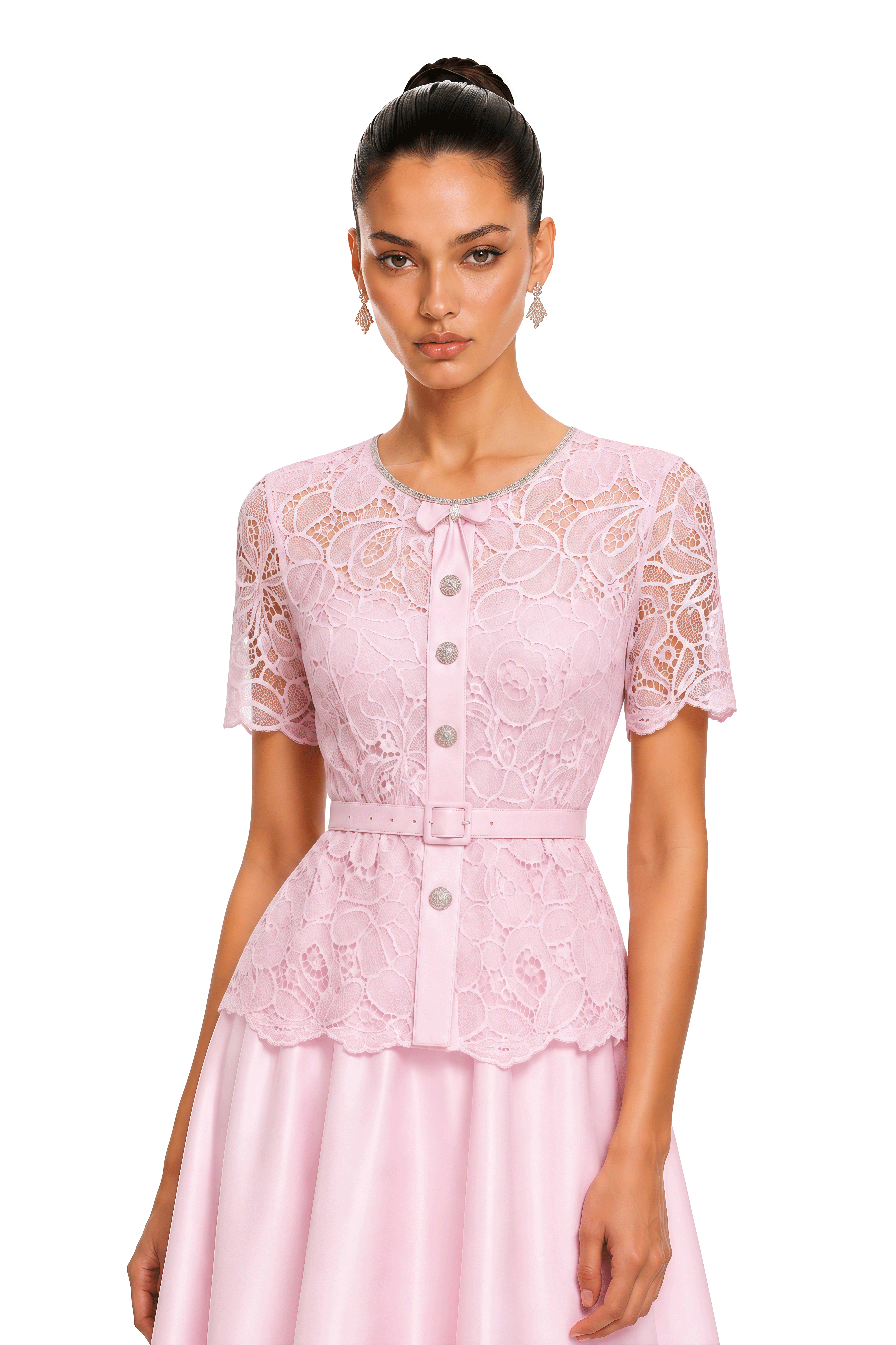 Arayah Pink Floral Lace Belted Midi Dress