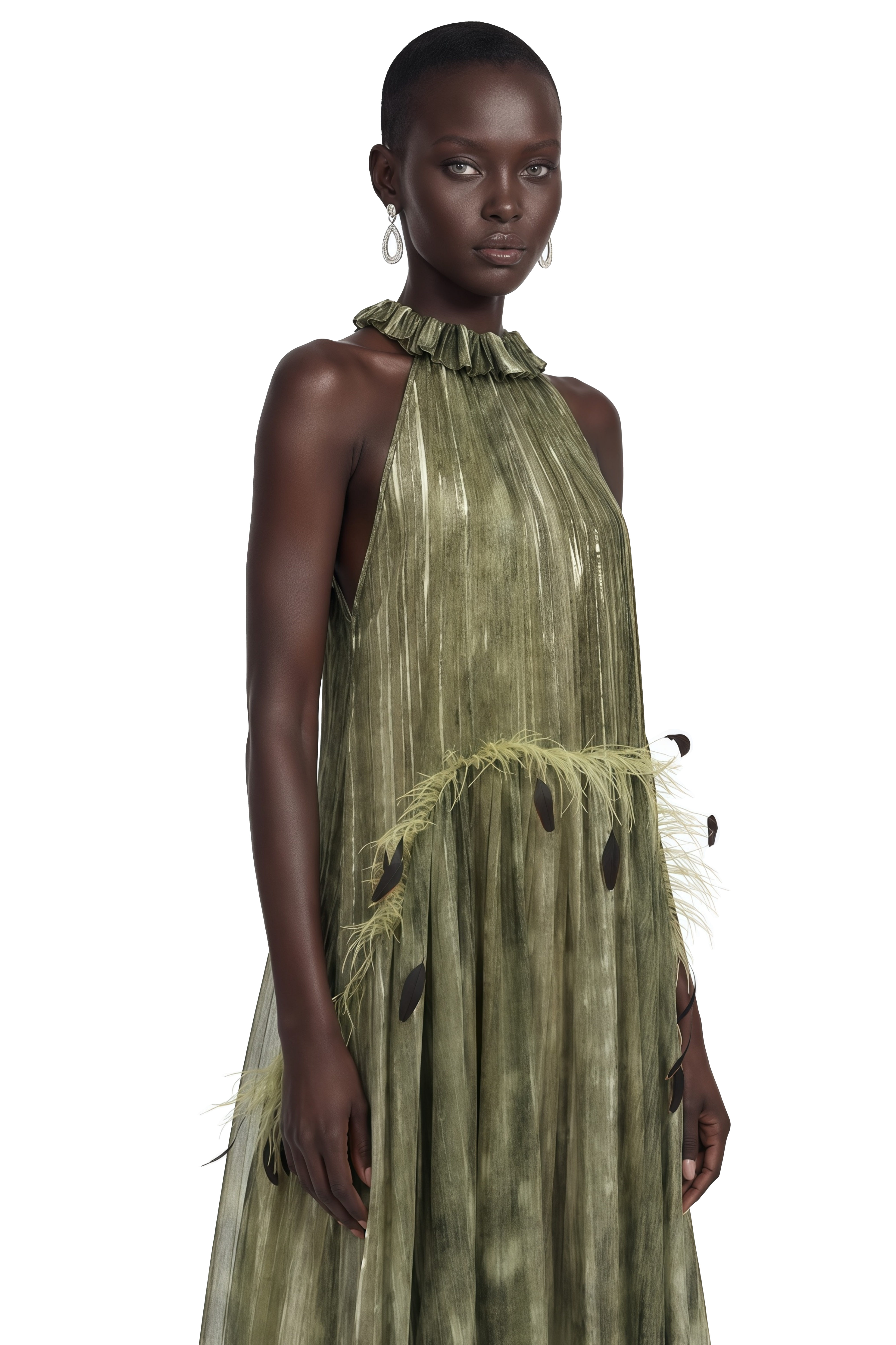 Areta Green Pleated Maxi Dress with Feather Trim