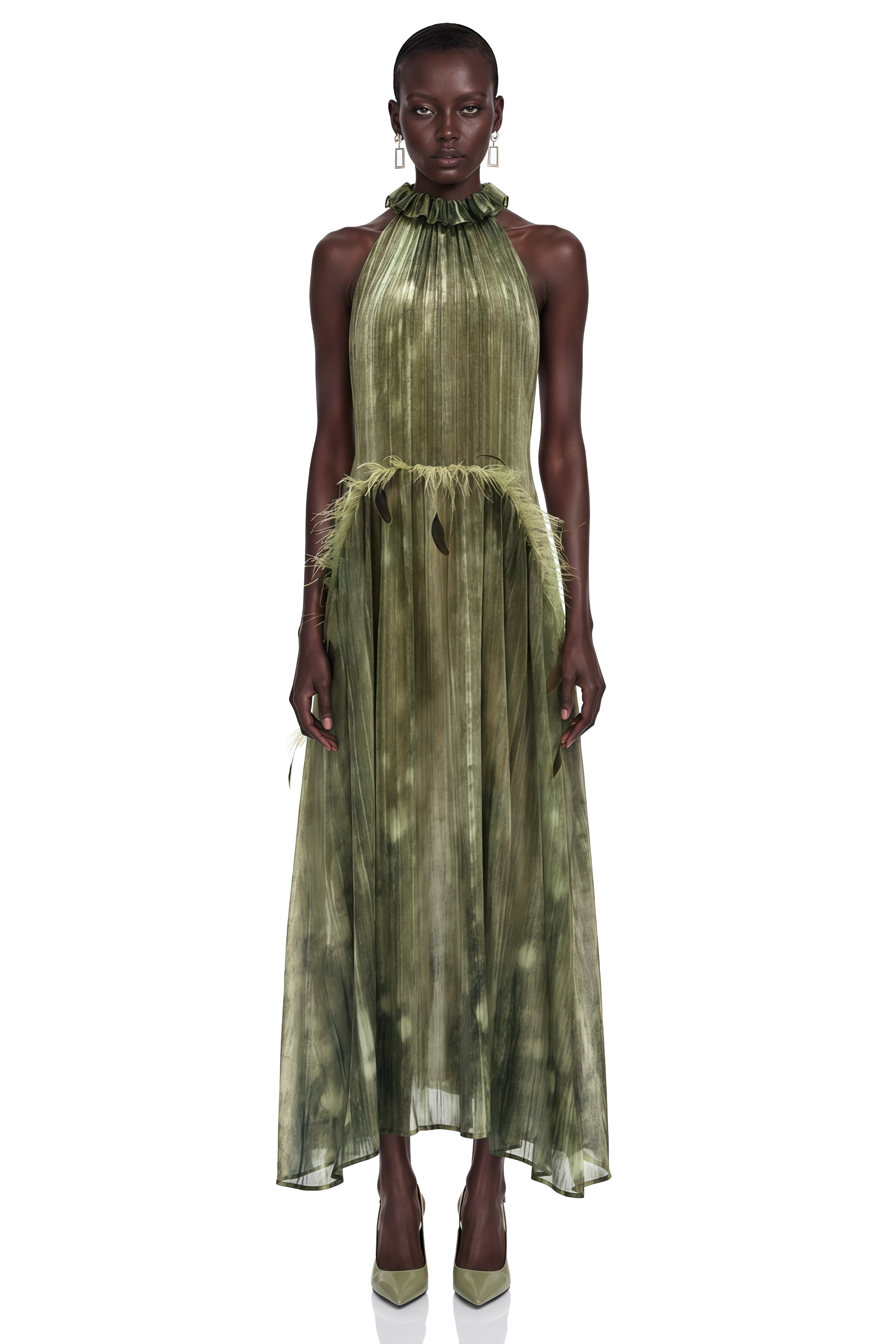 pleated maxi dress green Areta with Feather Trim – Miss Rosier abercrombie pleated dress