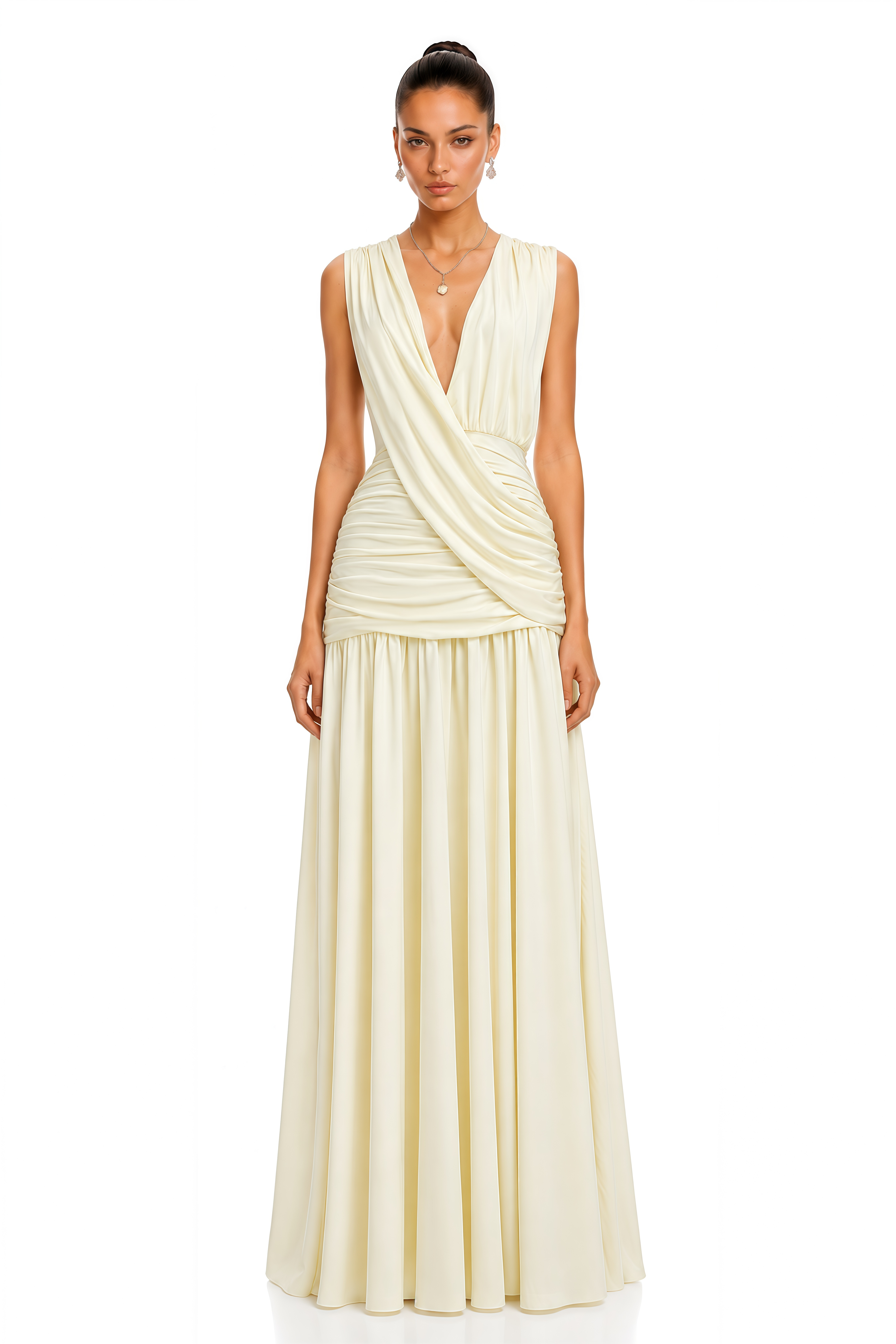 Aria Cream V-Neck Ruched Maxi Dress
