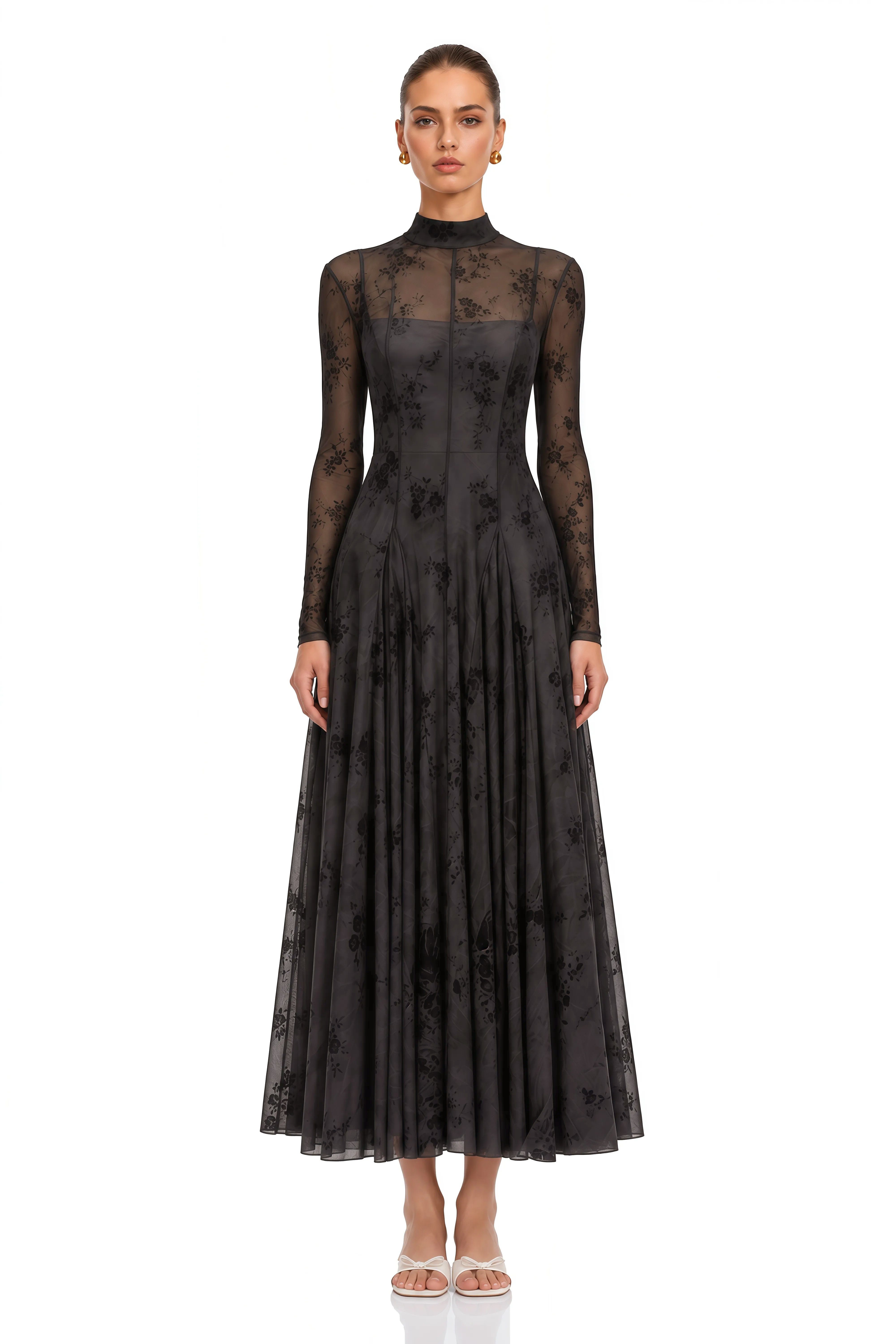 Ariadne Black Flocked Tulle Maxi Dress