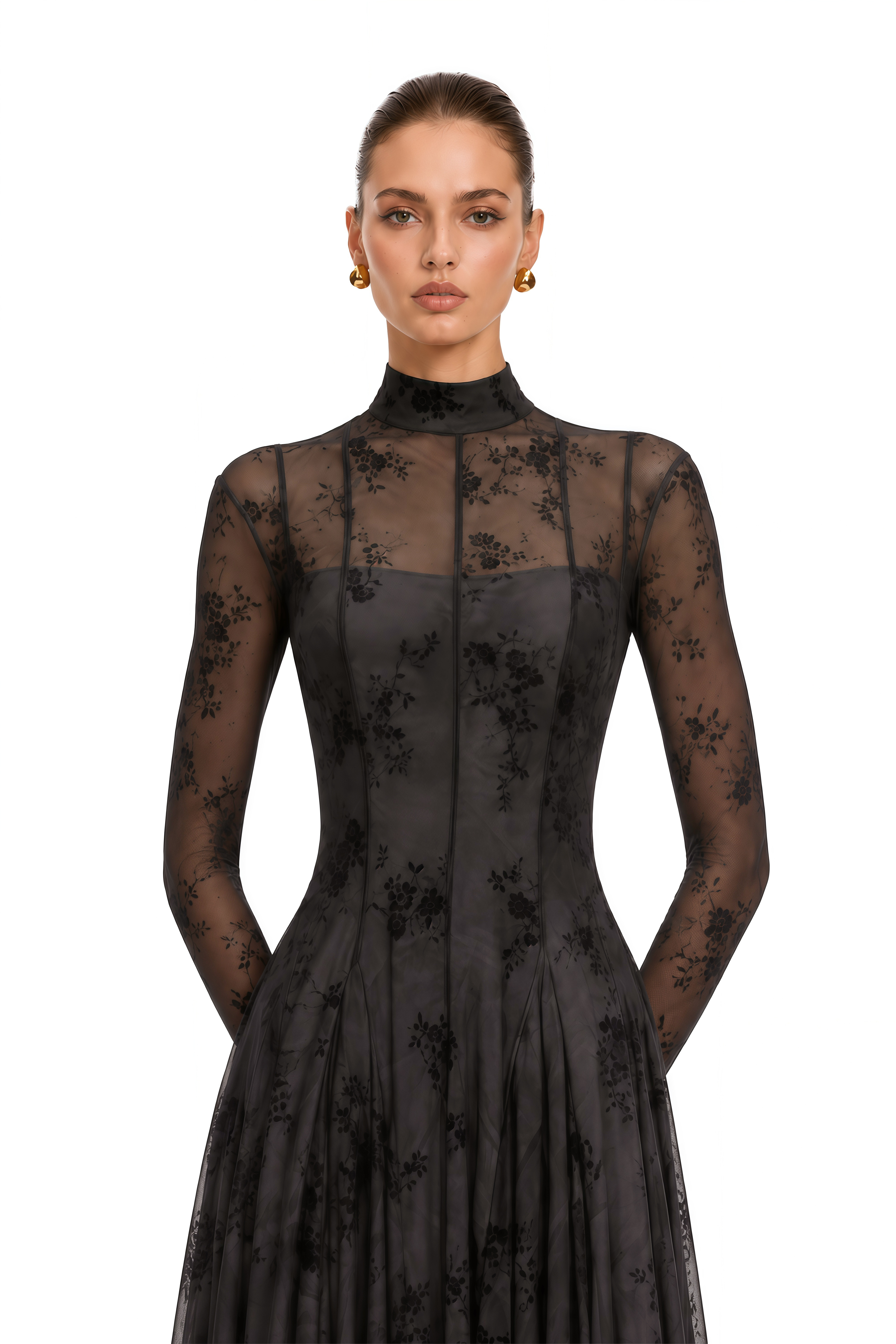 Ariadne Black Flocked Tulle Maxi Dress