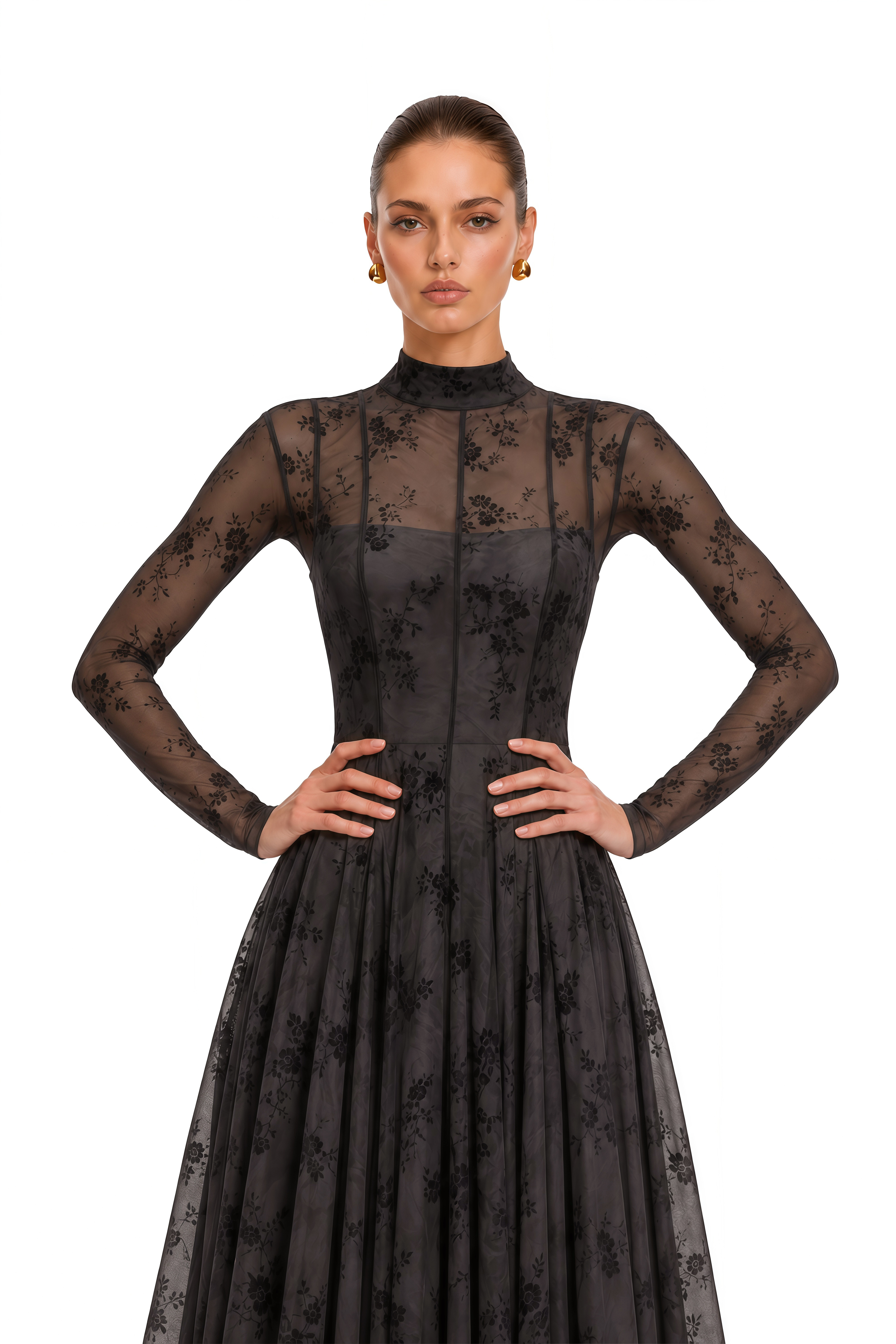 Ariadne Black Flocked Tulle Maxi Dress