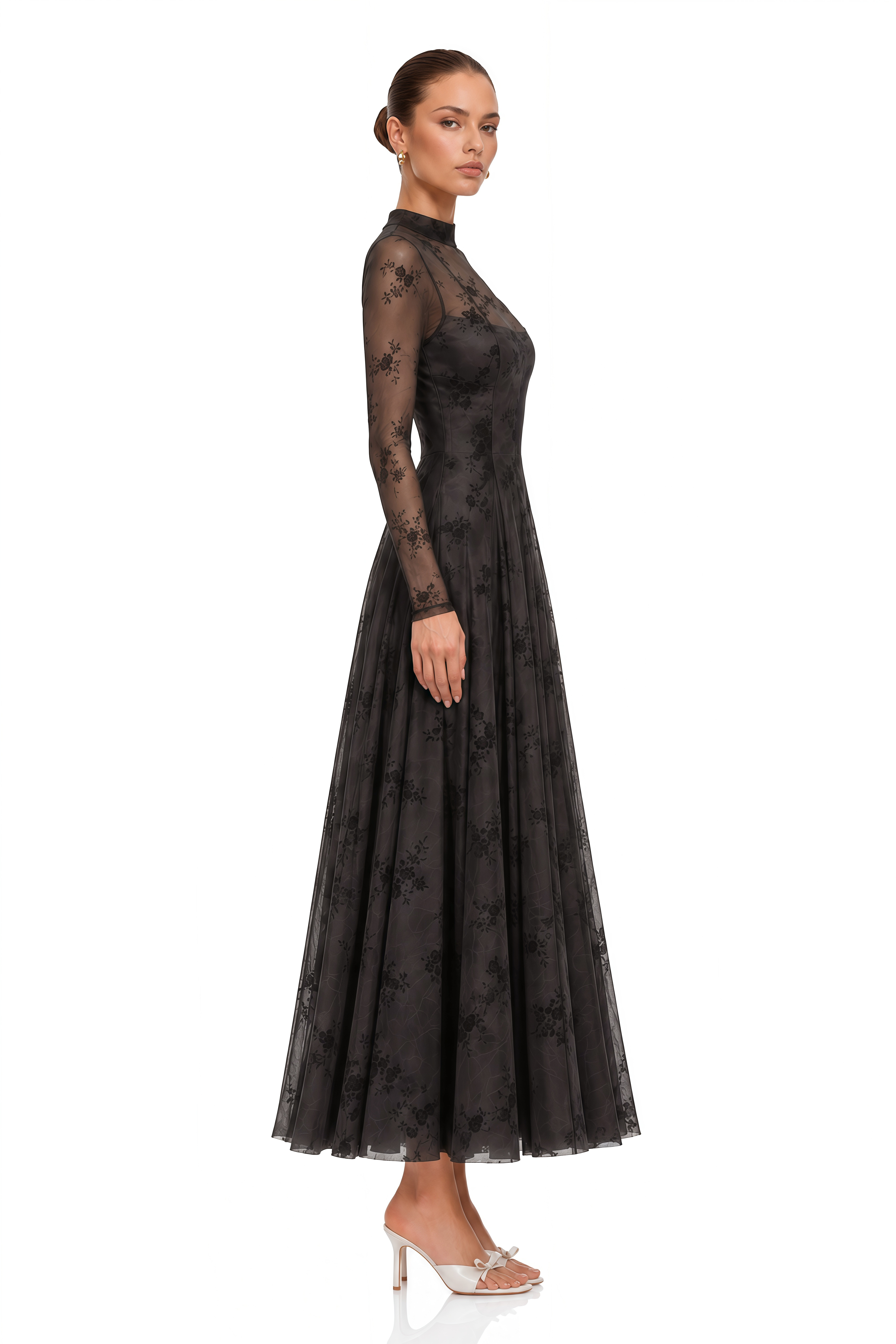 Ariadne Black Flocked Tulle Maxi Dress
