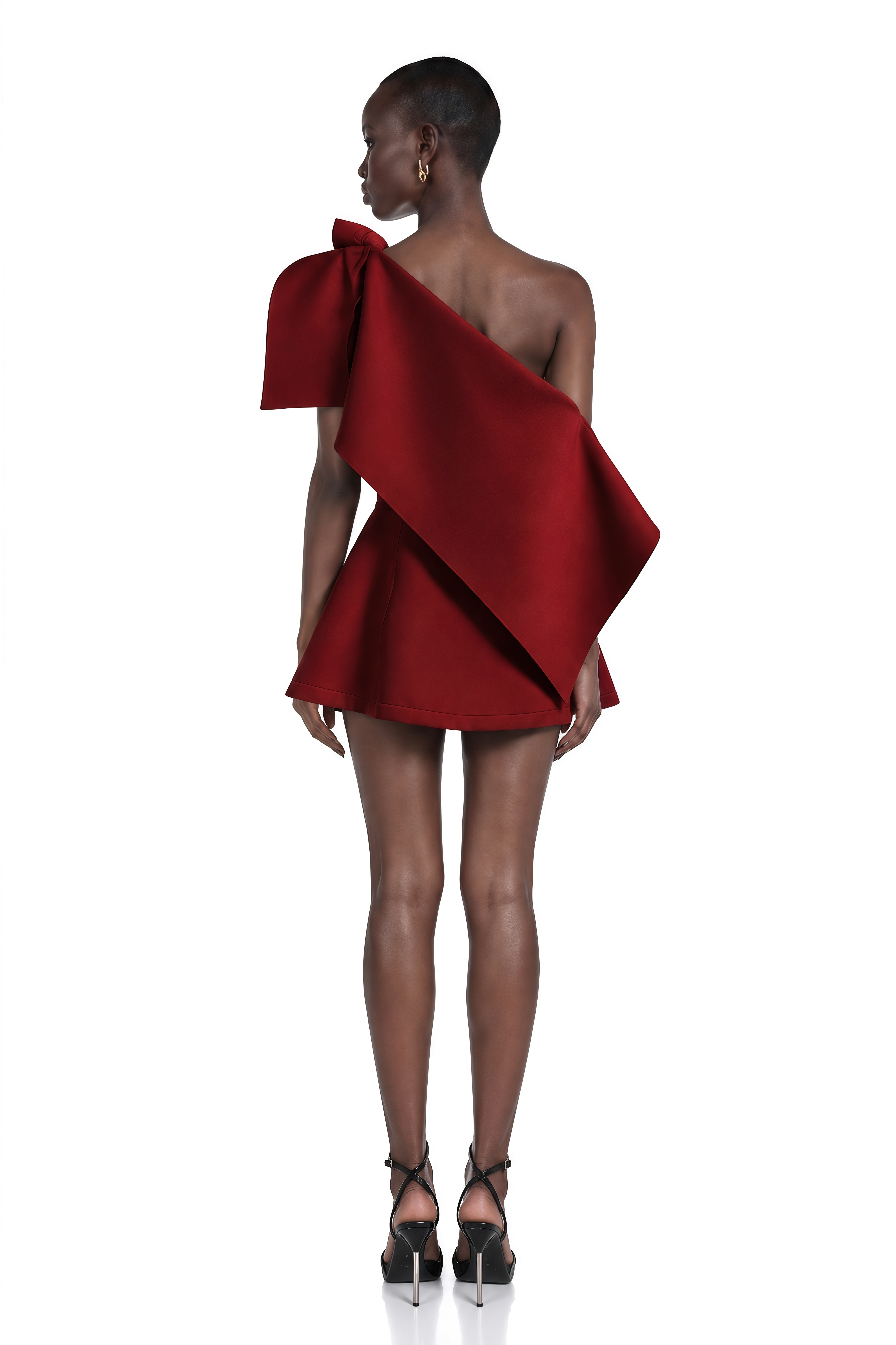 Ariadne Burgundy Sculptural Bow One Shoulder Mini Dress