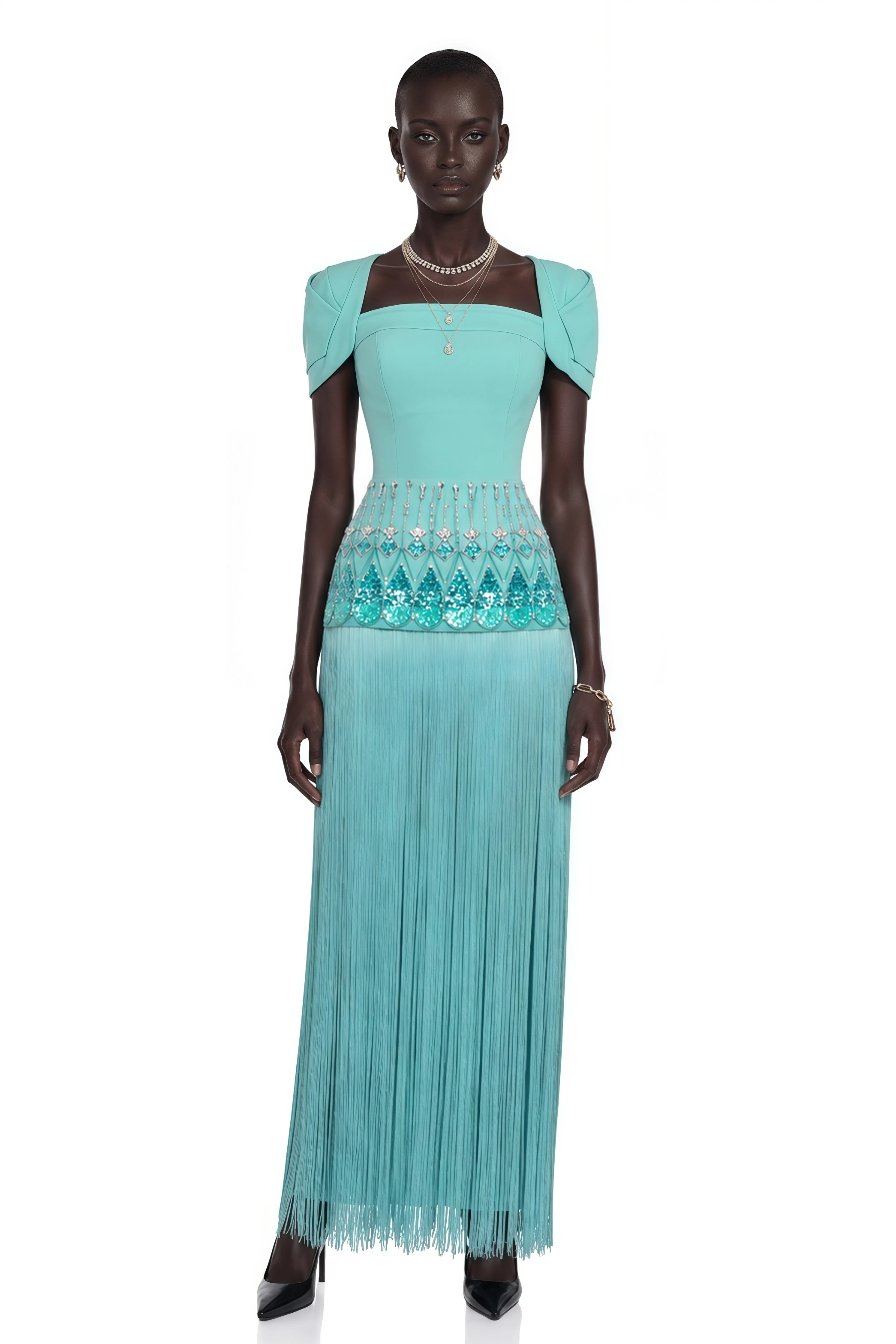 turquoise flowy dress Arianwen Embellished Fringe Maxi – Miss Rosier our Dressing Up maxi