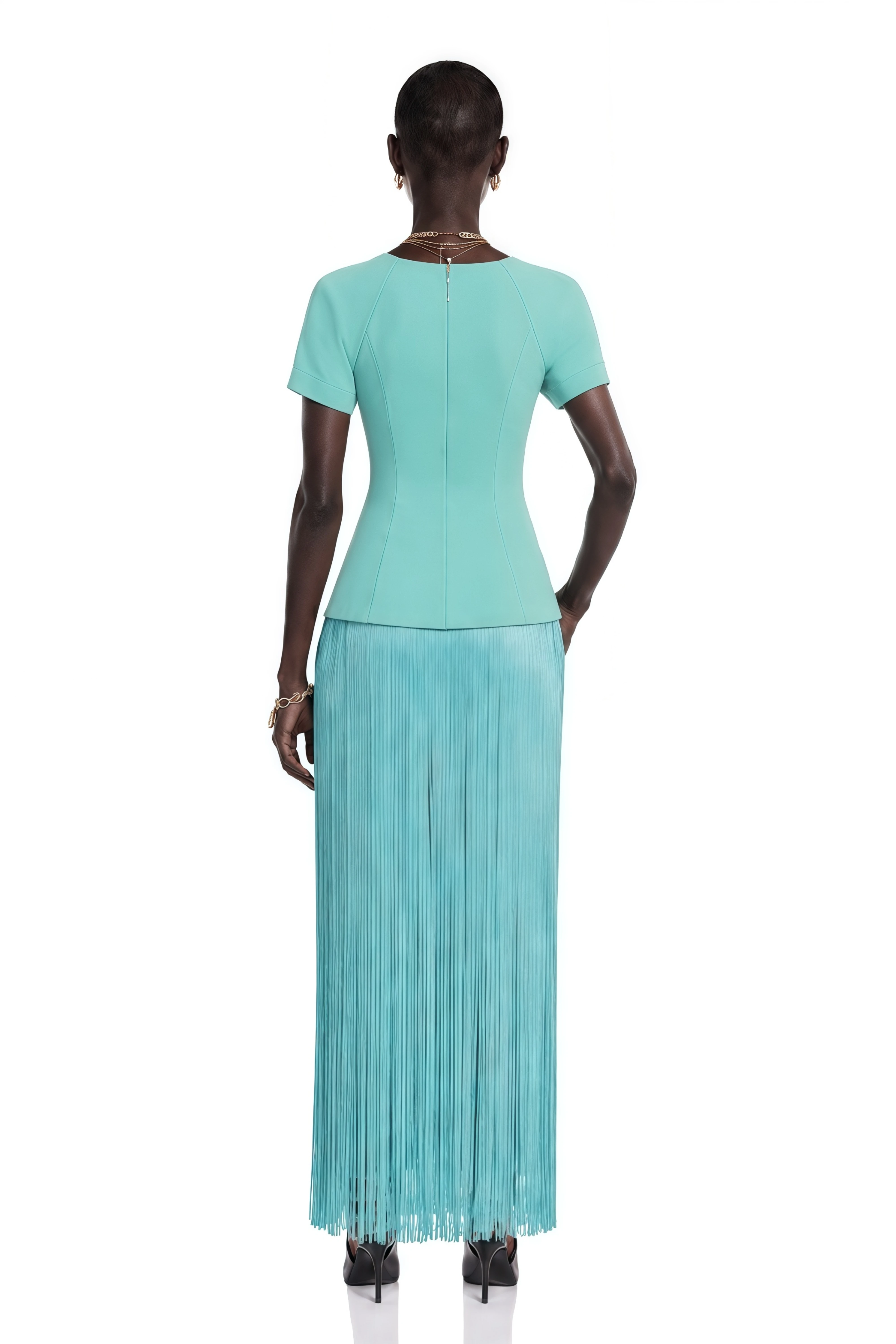 Arianwen Turquoise Embellished Fringe Maxi Dress