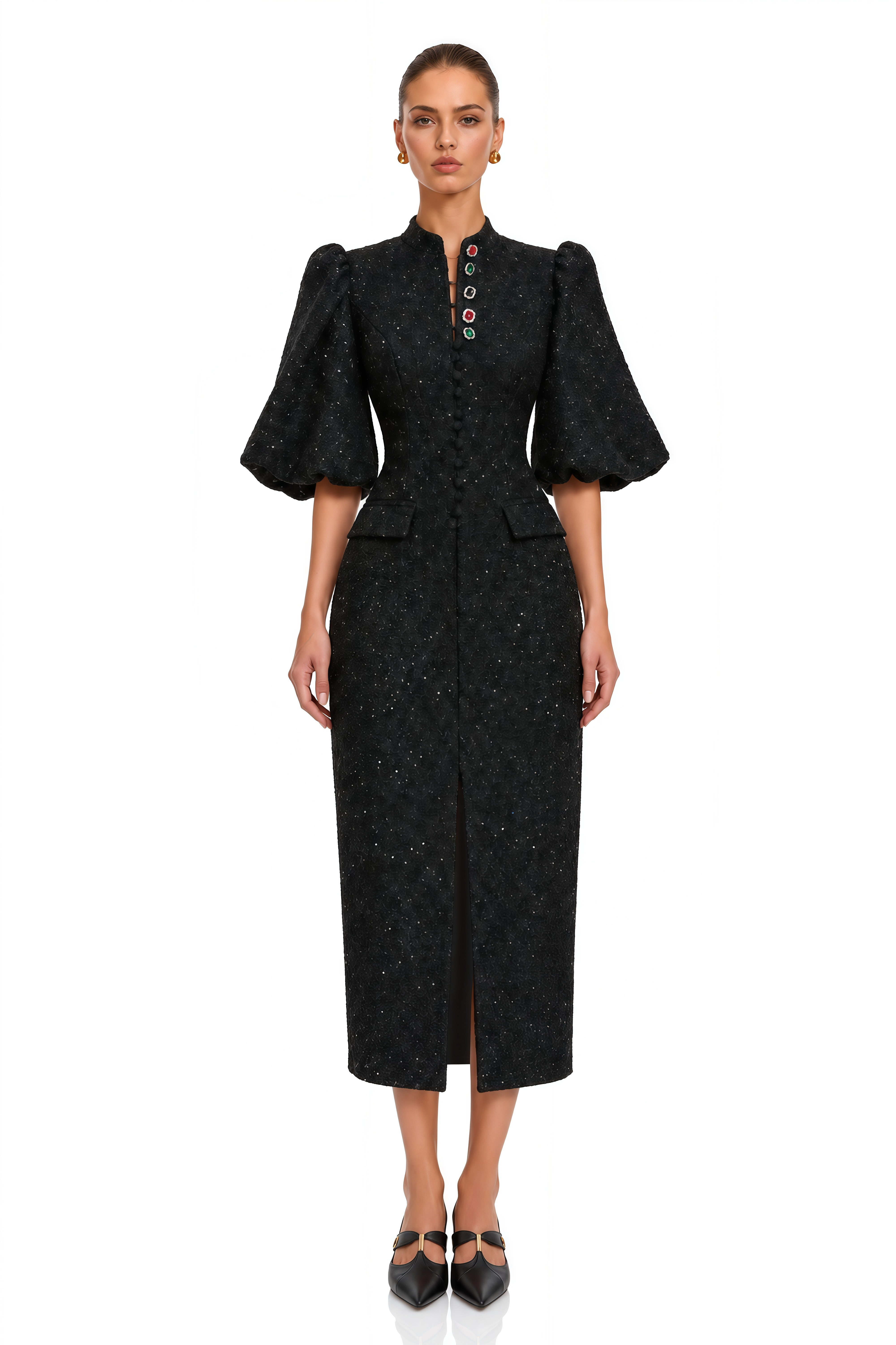 Arna Black Metallic Puff Sleeve Midi Dress