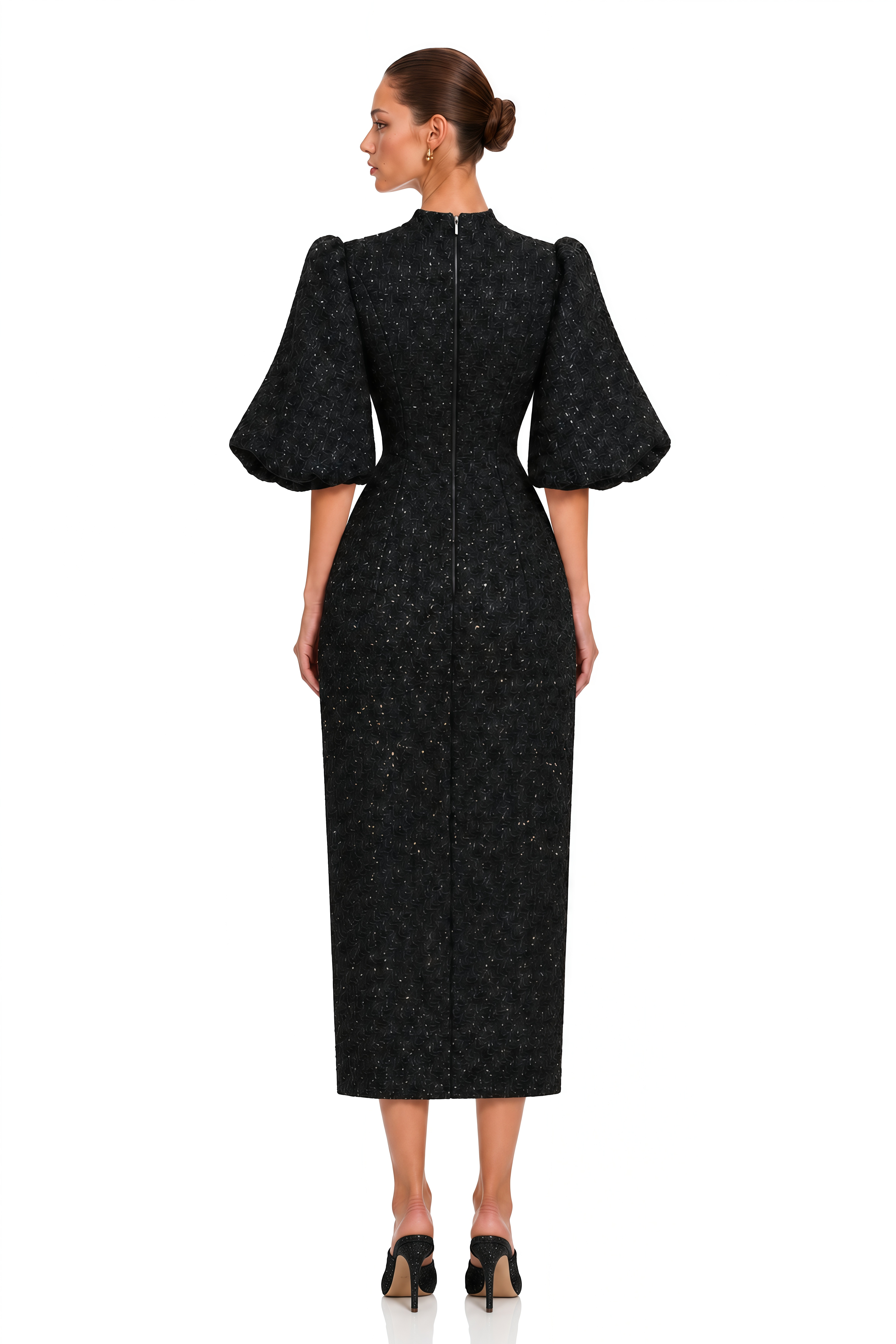 Arna Black Metallic Puff Sleeve Midi Dress