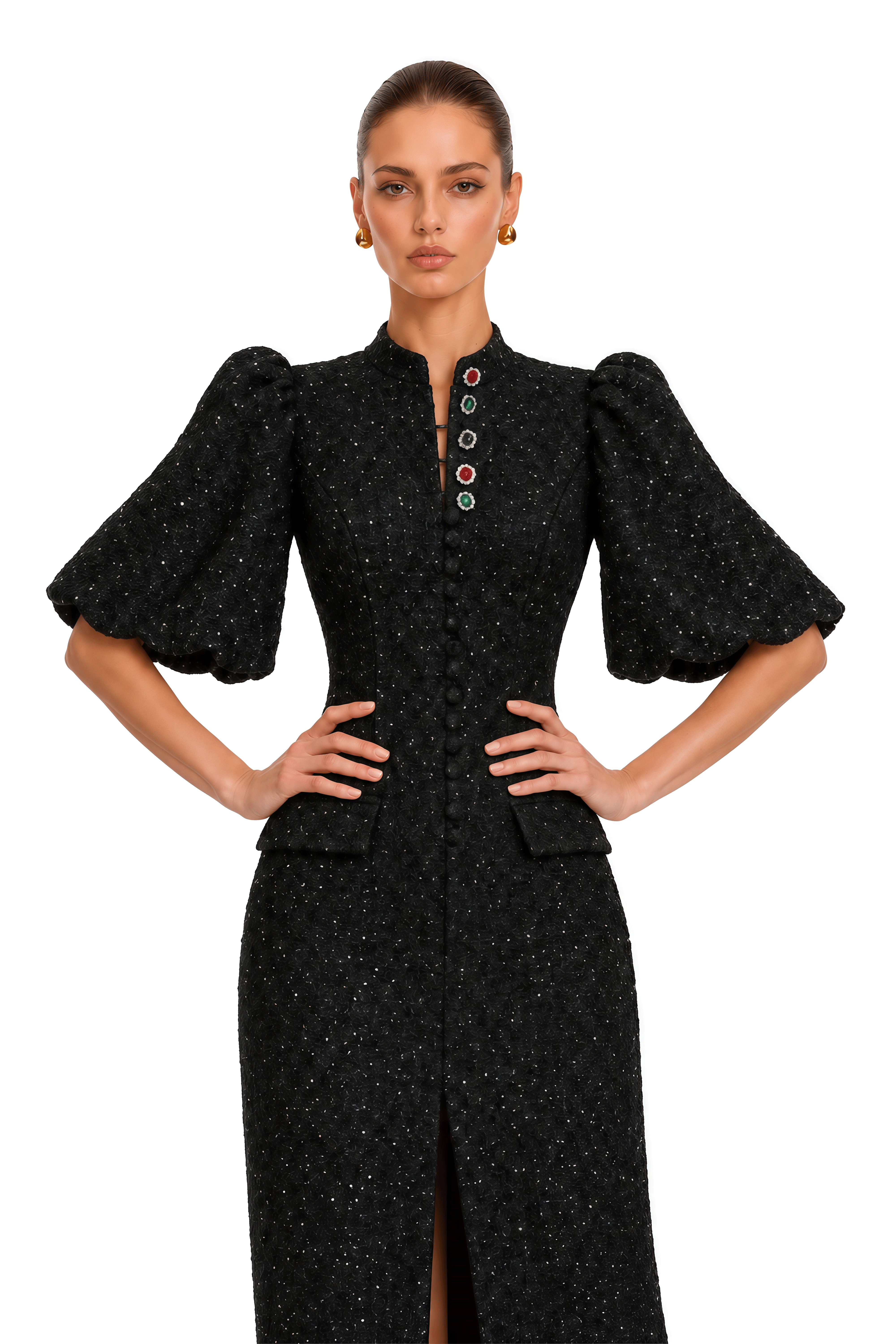 Arna Black Metallic Puff Sleeve Midi Dress
