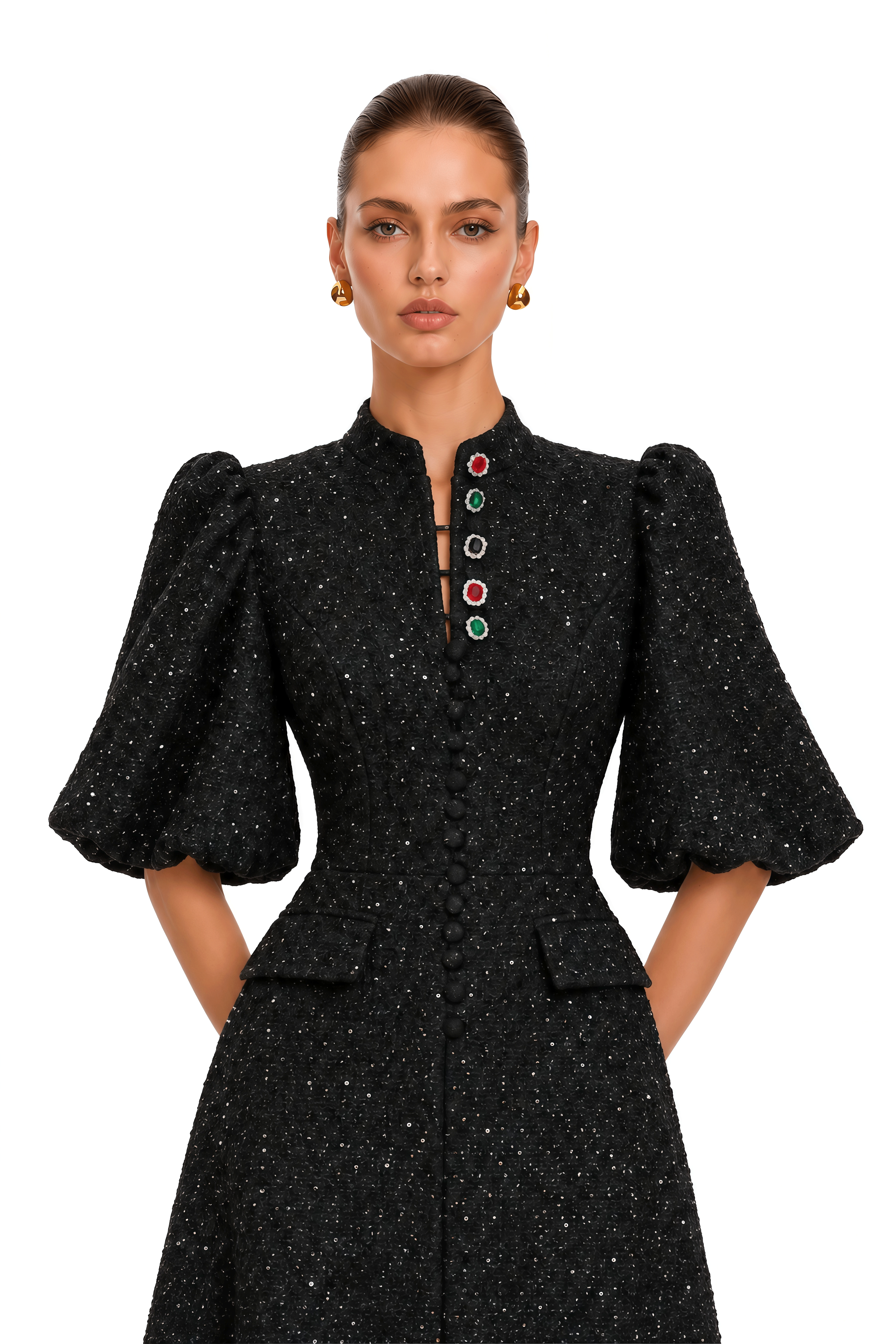 Arna Black Metallic Puff Sleeve Midi Dress