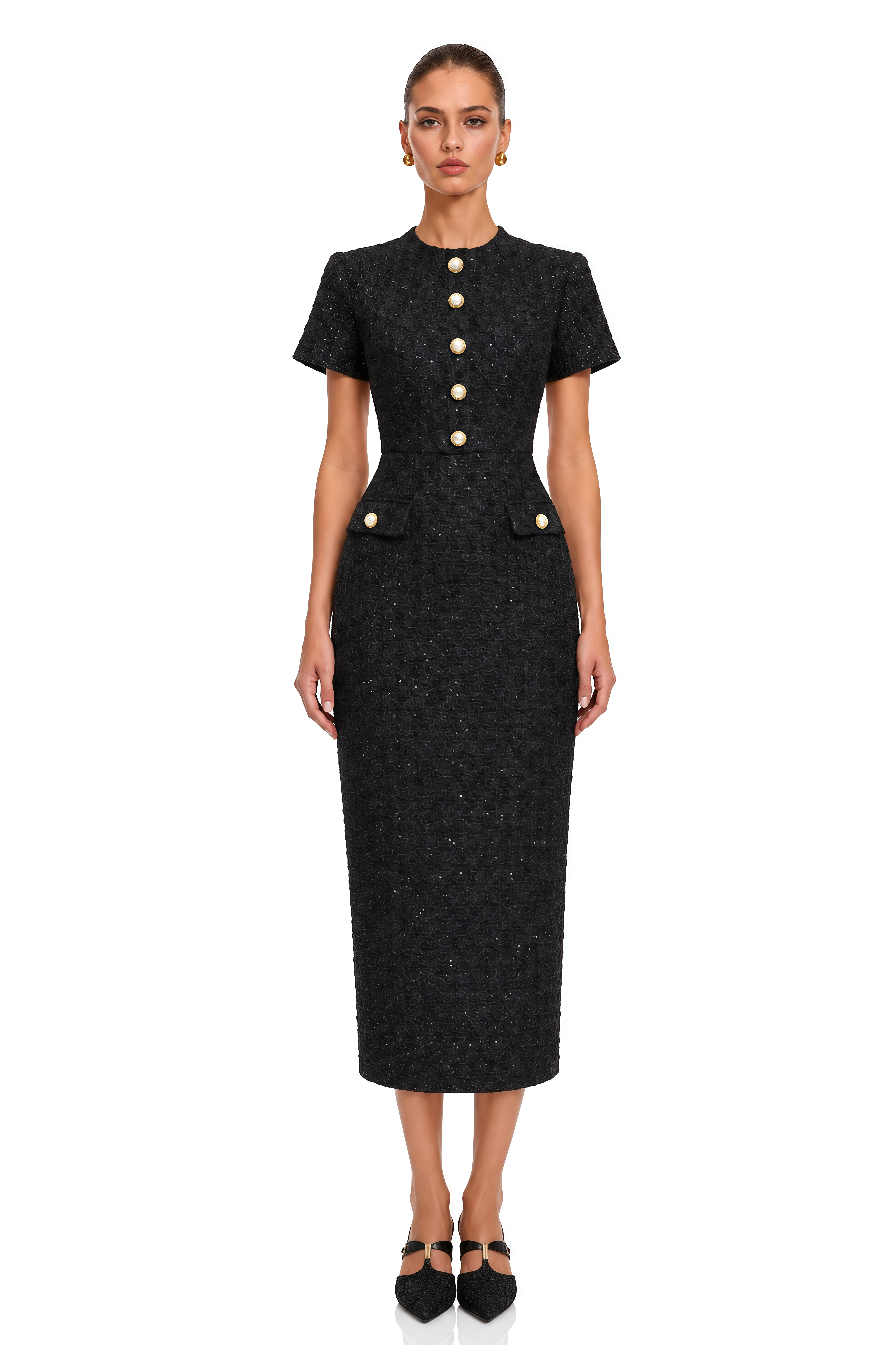 Arna Black Round Neck Tweed Midi Dress